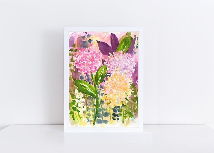 Hydrangea bouquet in the garden art print, watercolor, art by pixie yates