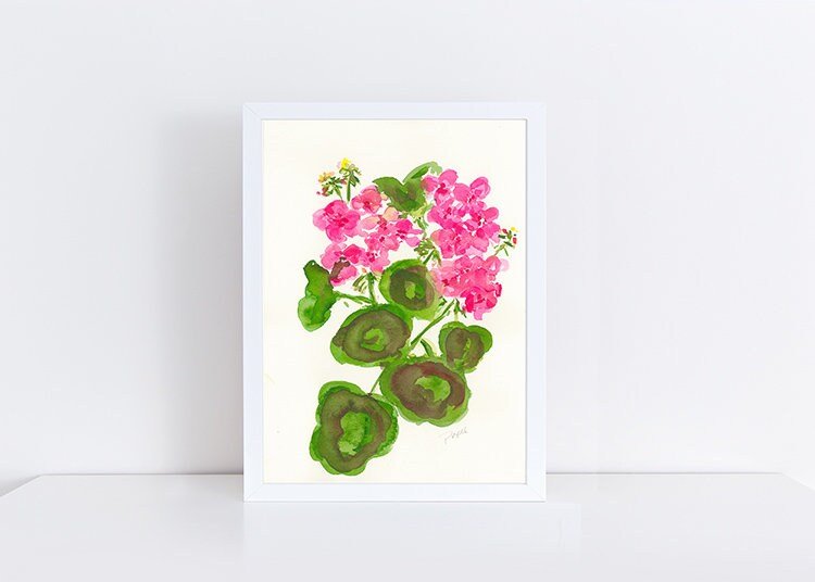 Vintage red geranium art print, watercolor, wall decor, art by pixie yates