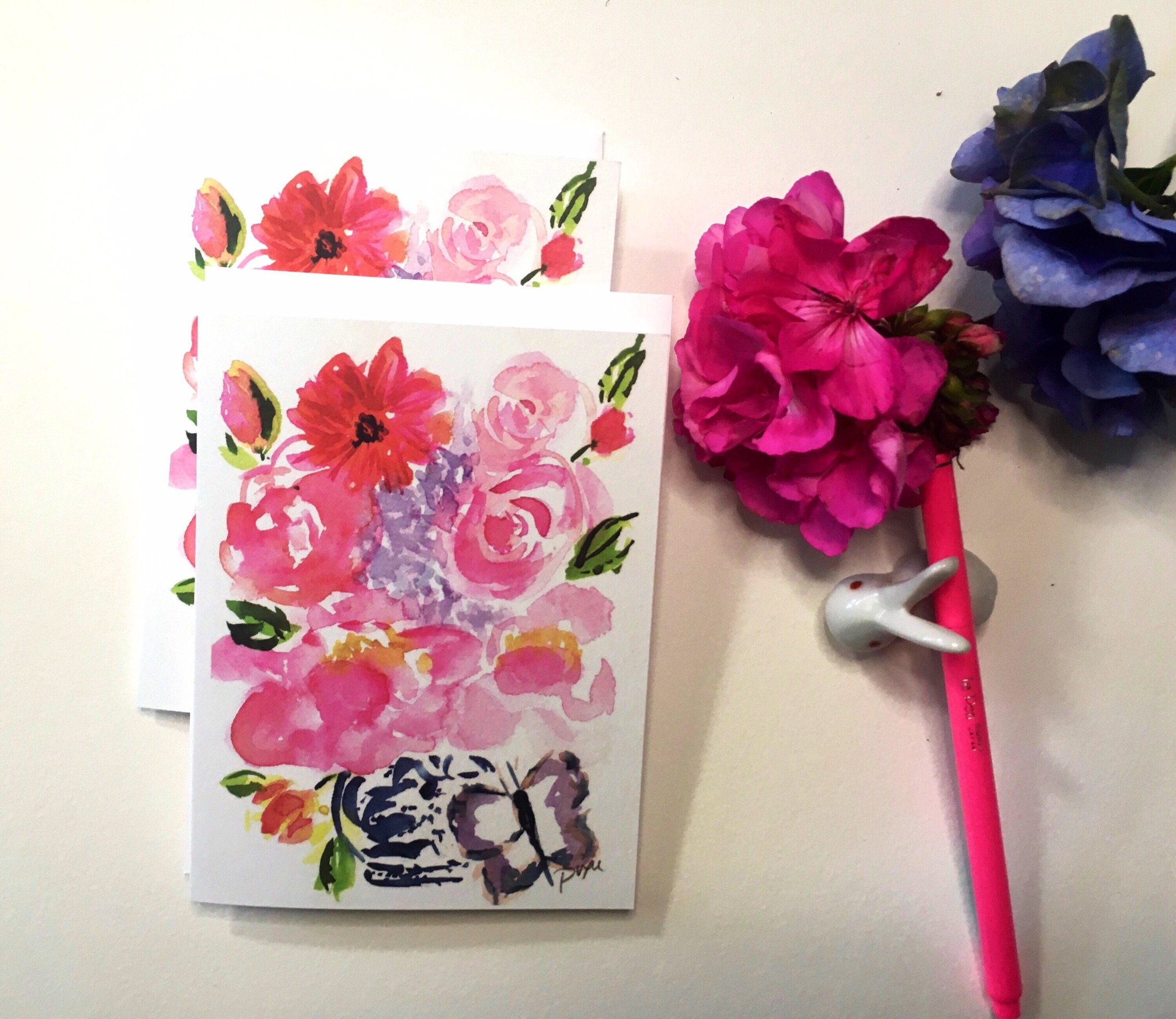Butterflies, floral Folded notecard, pink flowers, art by pixie yates