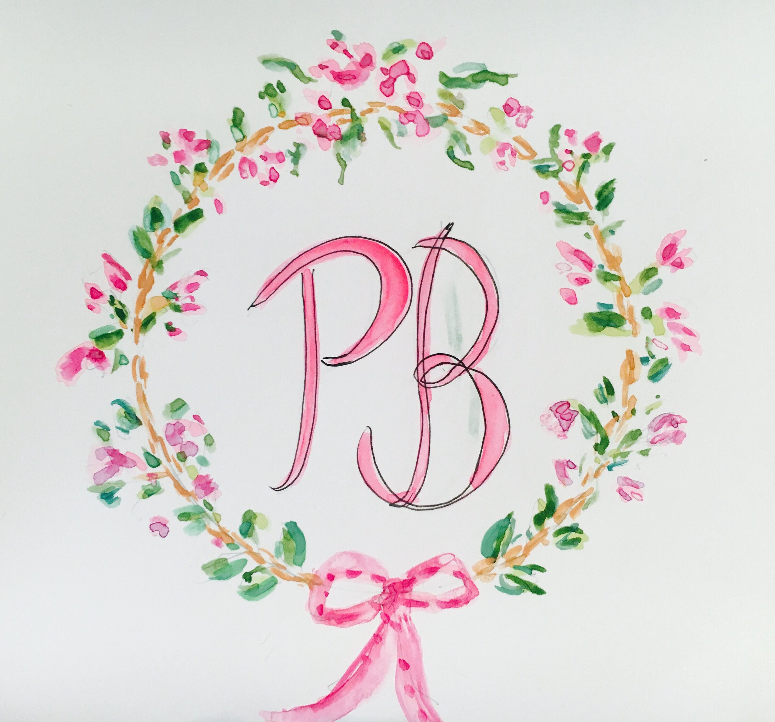 Custom monogram, floral wreath,watercolor