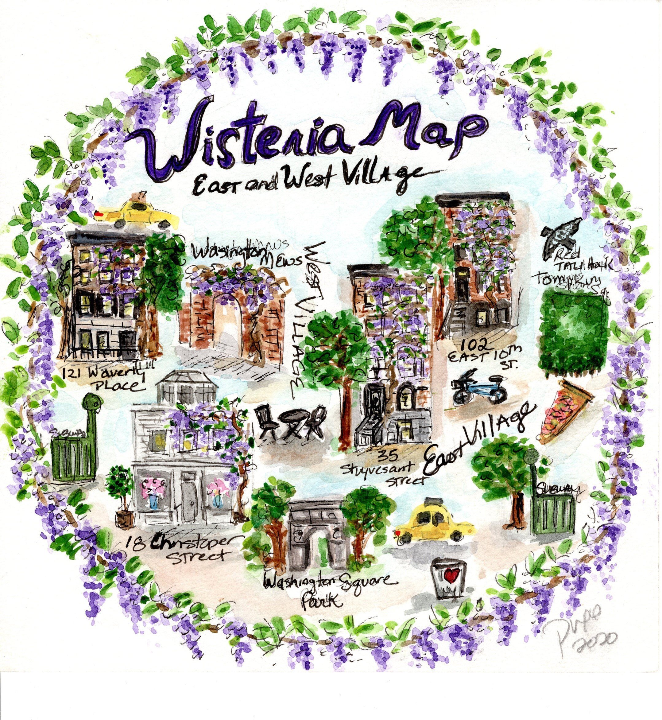 Art Print,Wall Art, Map of Wisteria, Floral, watercolor, NYC, Custom, Art by Pixie Yates