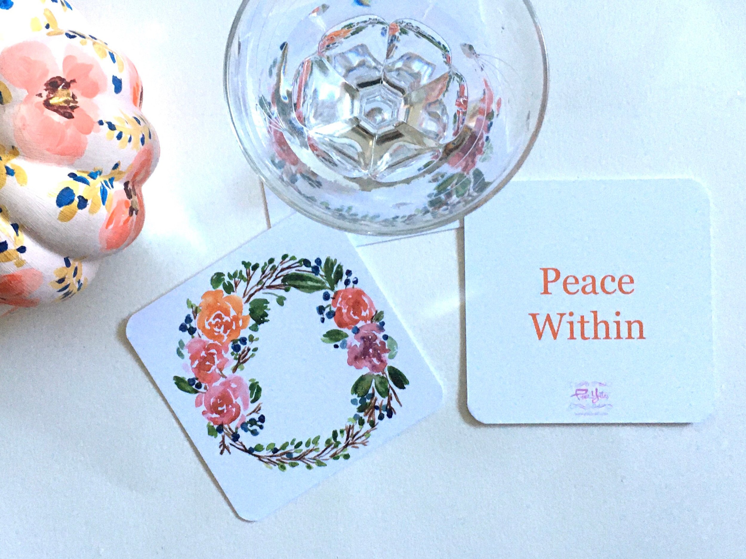 Paper coaster, double sided, watercolor wreath, double sided, art by pixie yates