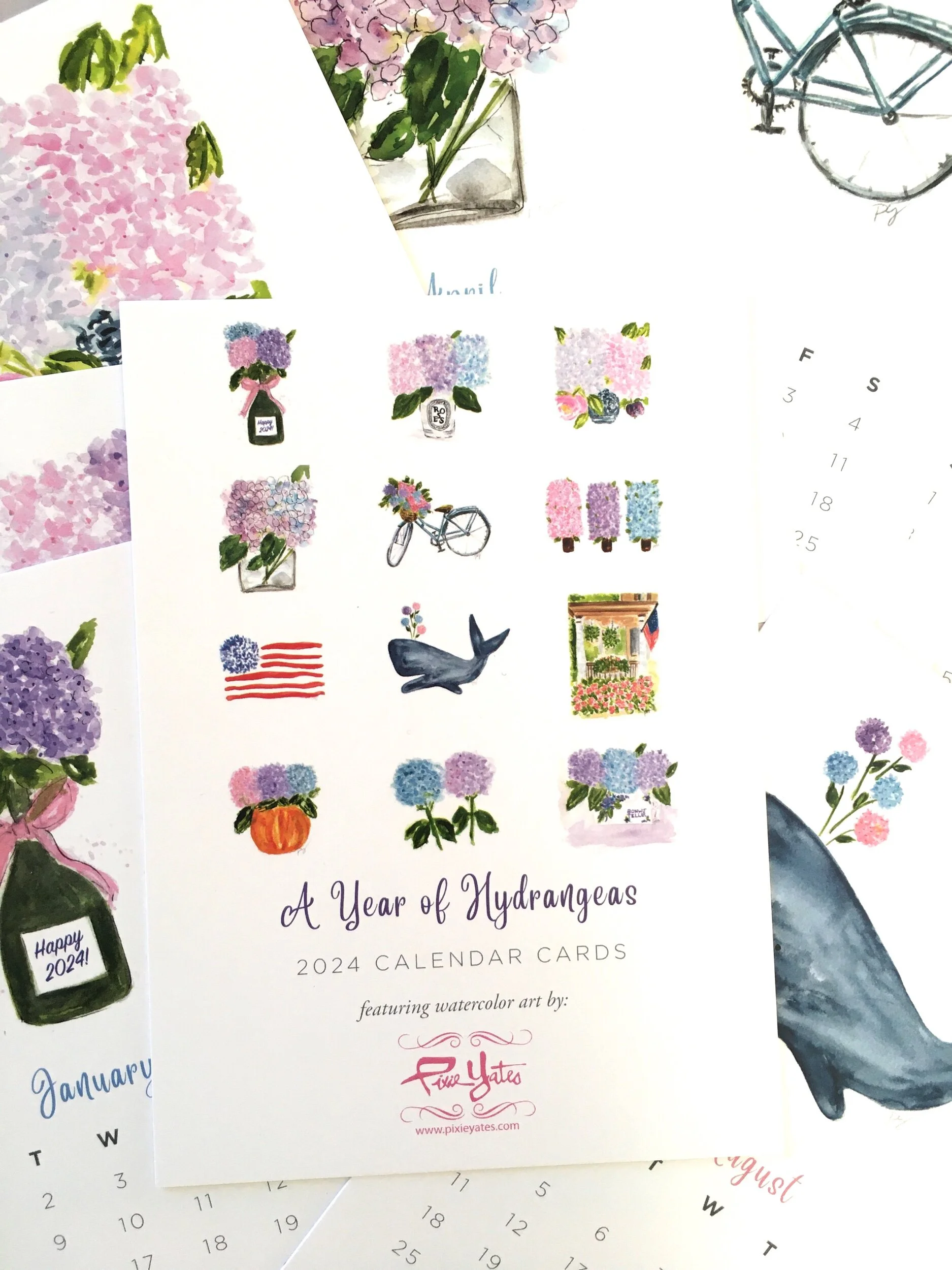 A year of Hydrangeas, calender cards, 2024, art print, art by pixie yates