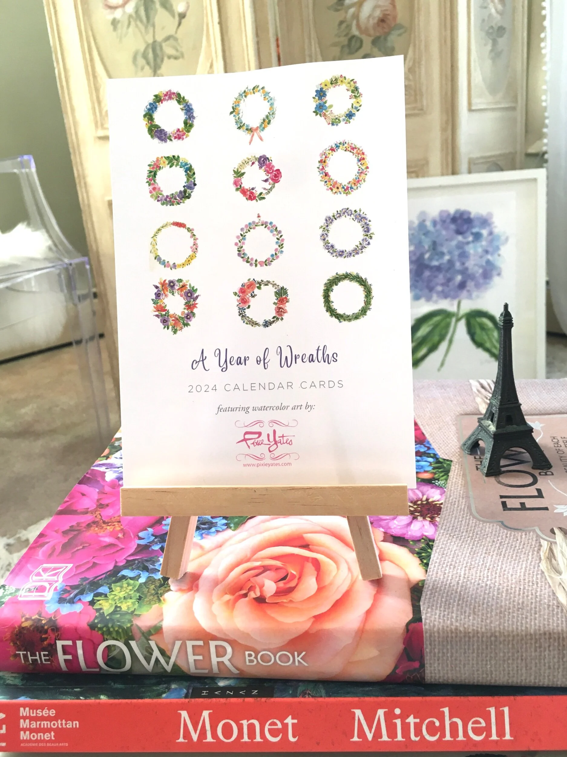 A year of Floral Wreaths calender cards, 2024 art print, art by pixie yates