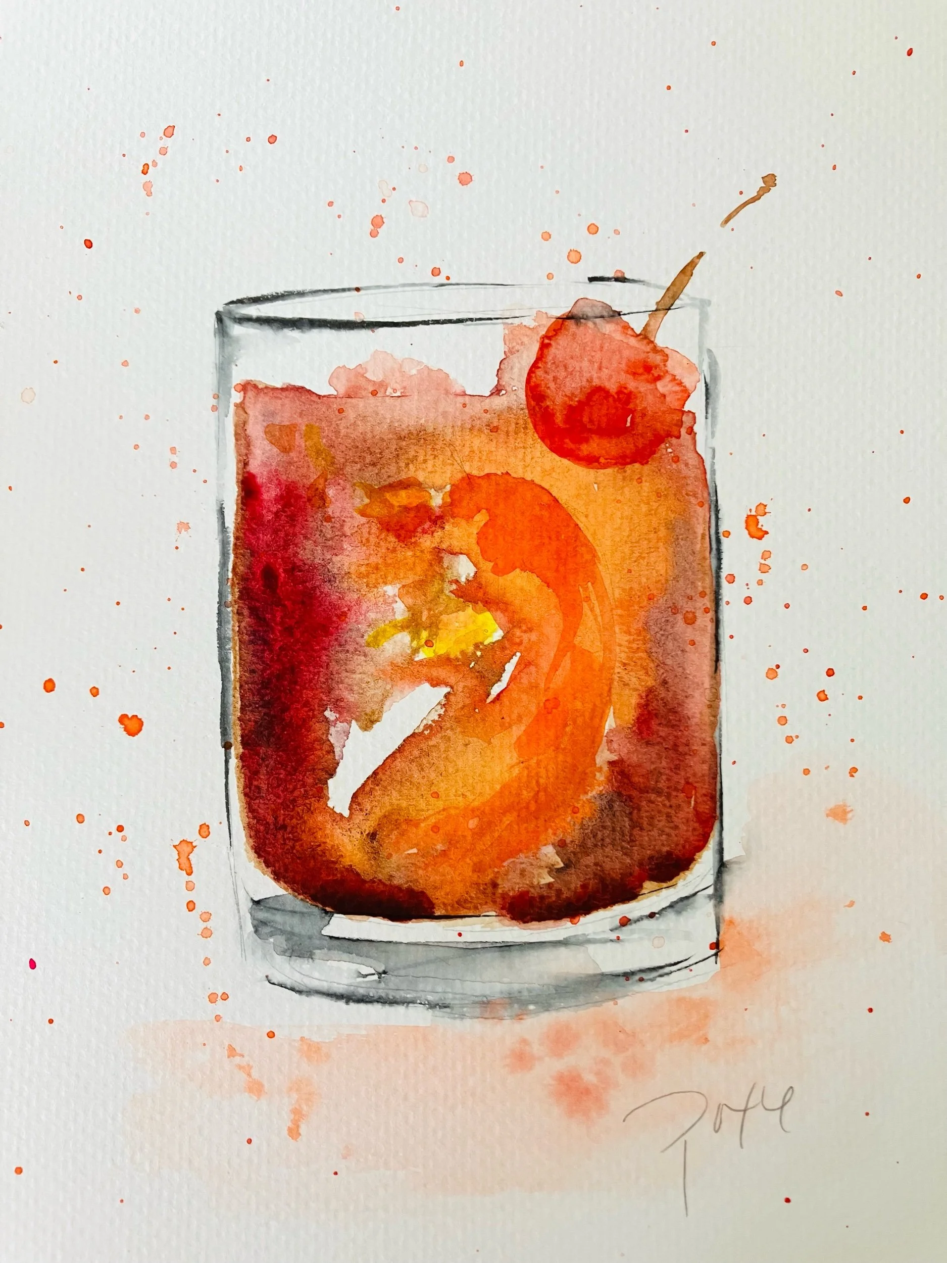 Manhattan Summer watercolor painting cocktail series #12 handpainted watercolor