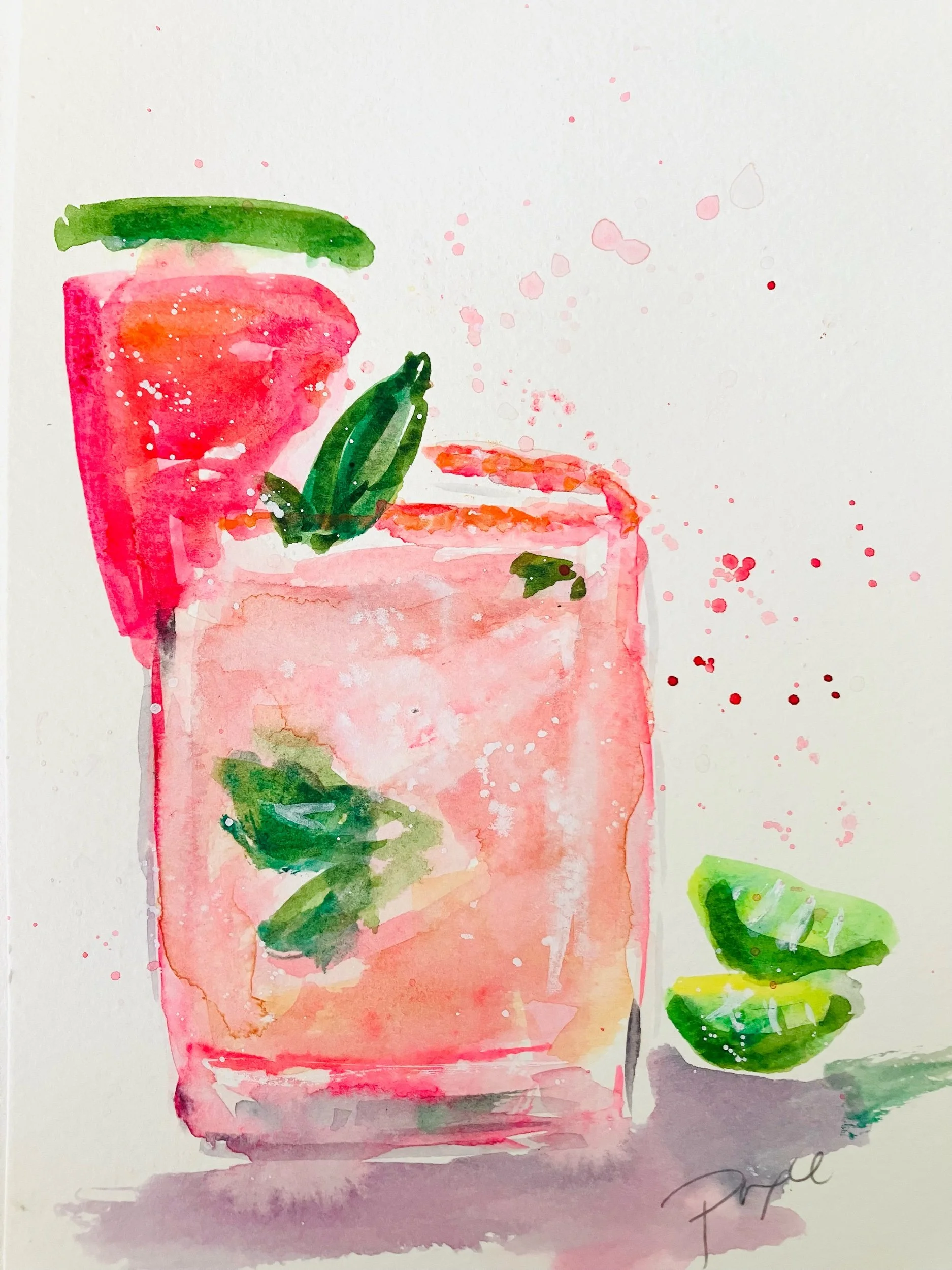Watermelon margarita Summer watercolor painting cocktail series #13 handpainted watercolor