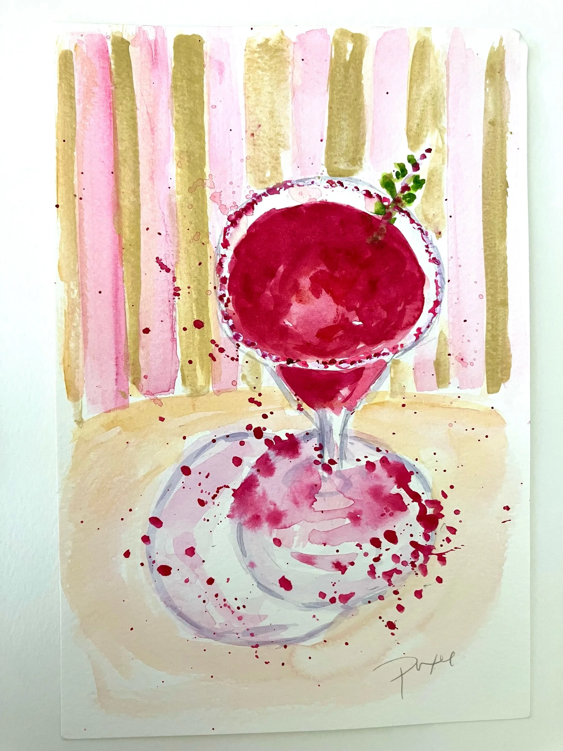 Summer watercolor painting pink pomegranate martini cocktail series #14 handpainted watercolor