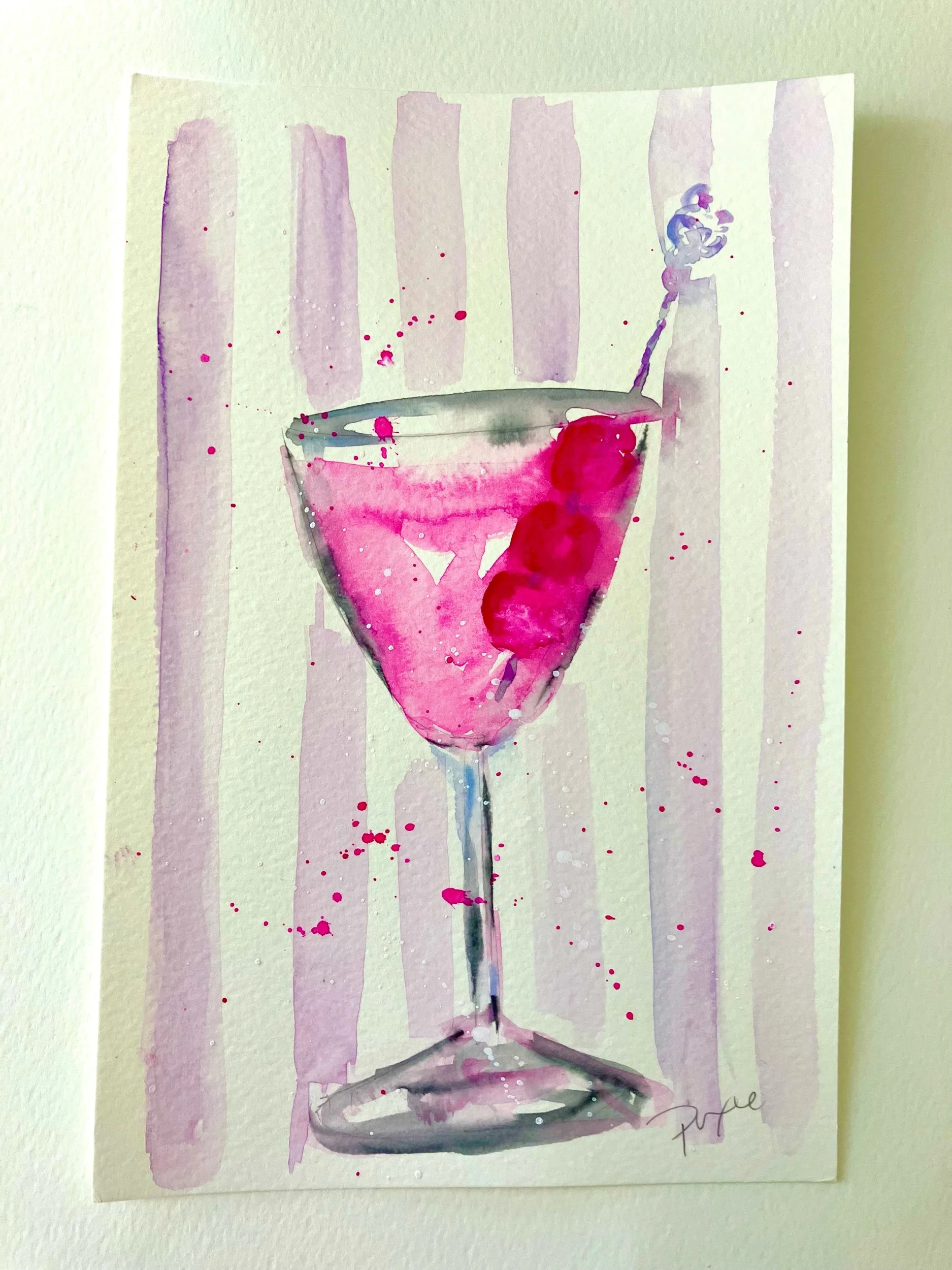 Pink Cherry Martini Summer watercolor painting martini cocktail series #15 handpainted watercolor