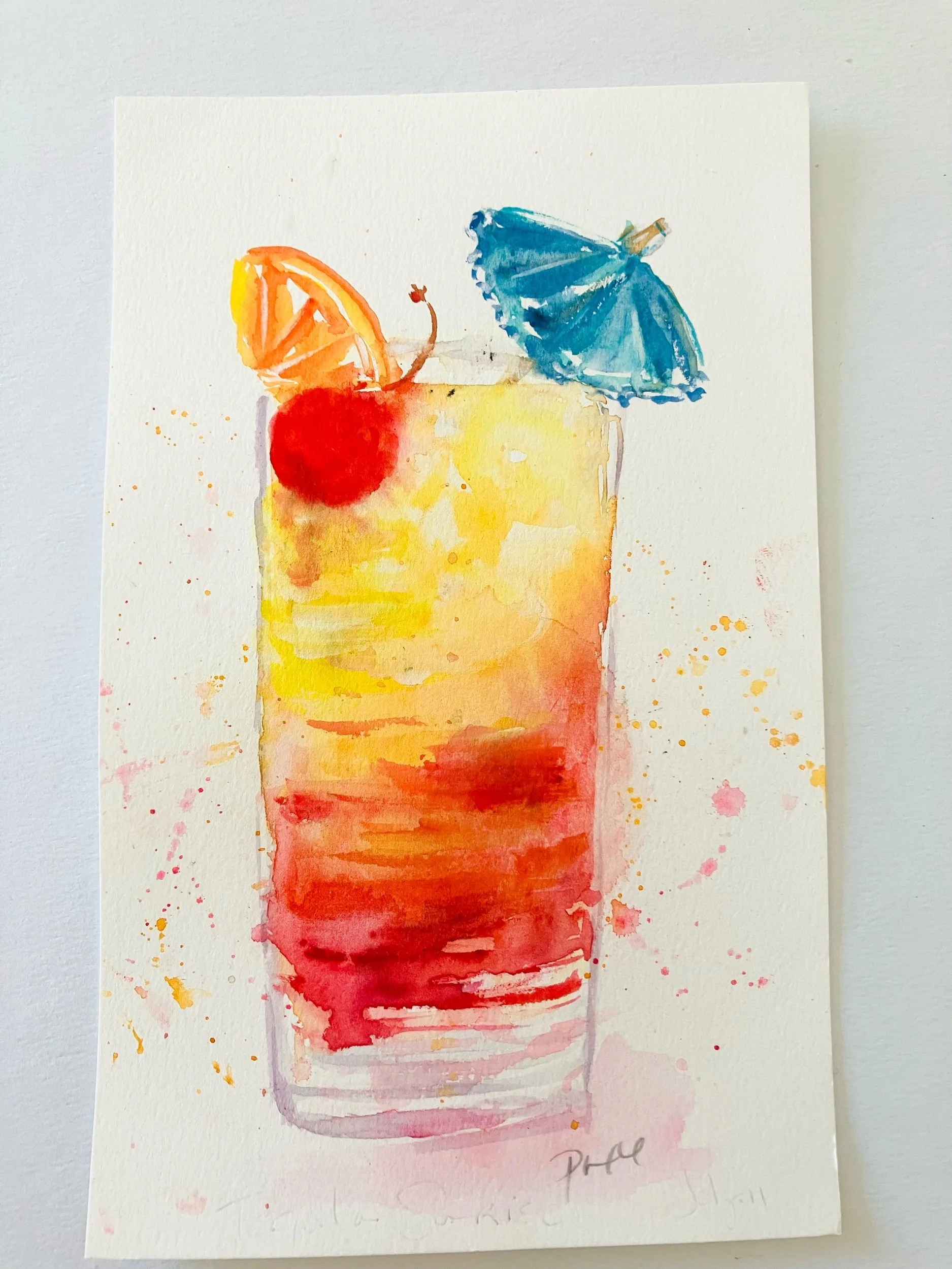 Tequilla Sunrise Summer watercolor painting cocktail series #18 handpainted watercolor