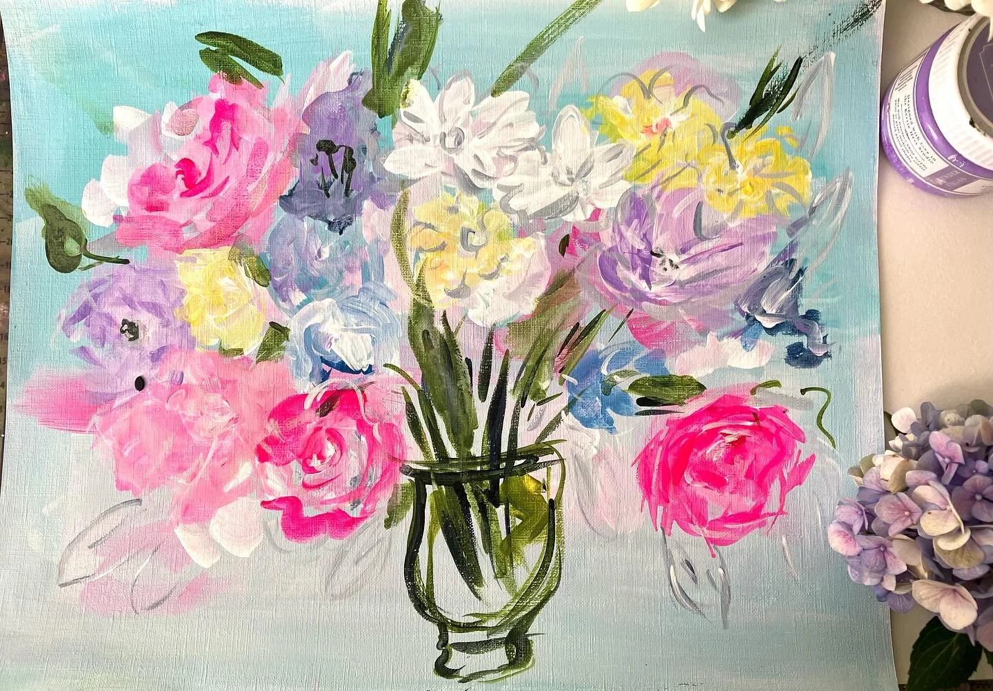 A summer floral I started earlier this summer and decided done is done. Acrylic on heavy canvas paper. I used the @kerriehessillustration acrylic paints which are so dreamy, highly recommend . Also I have a new section on my website, Art under 200$. 