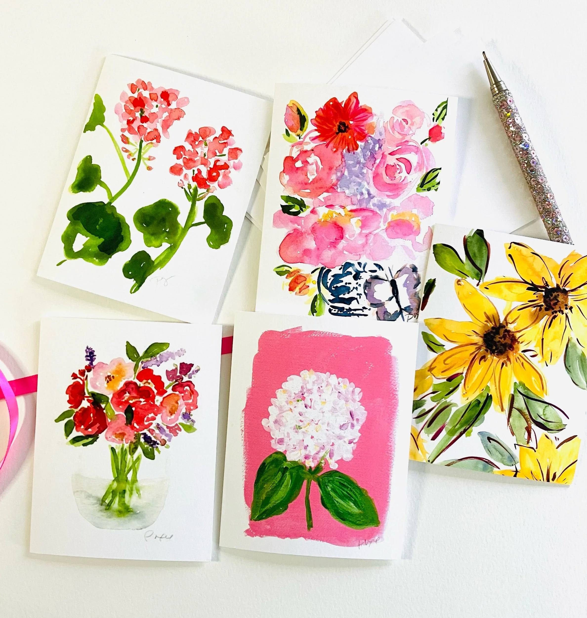Folded Notecard mixed set of flower watercolor, art by pixie Yates , mixed set of 5 or 10