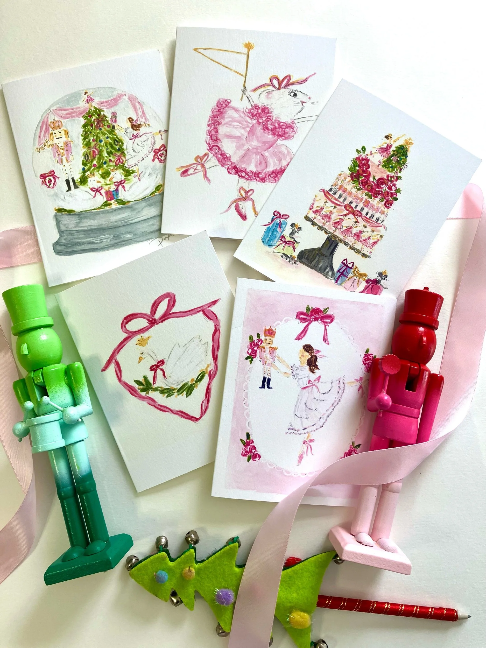 Mixed Set of Folded Notecard Nutcracker Holiday Clara illustations watercolor, art by pixie Yates , mix set of 5 or 10