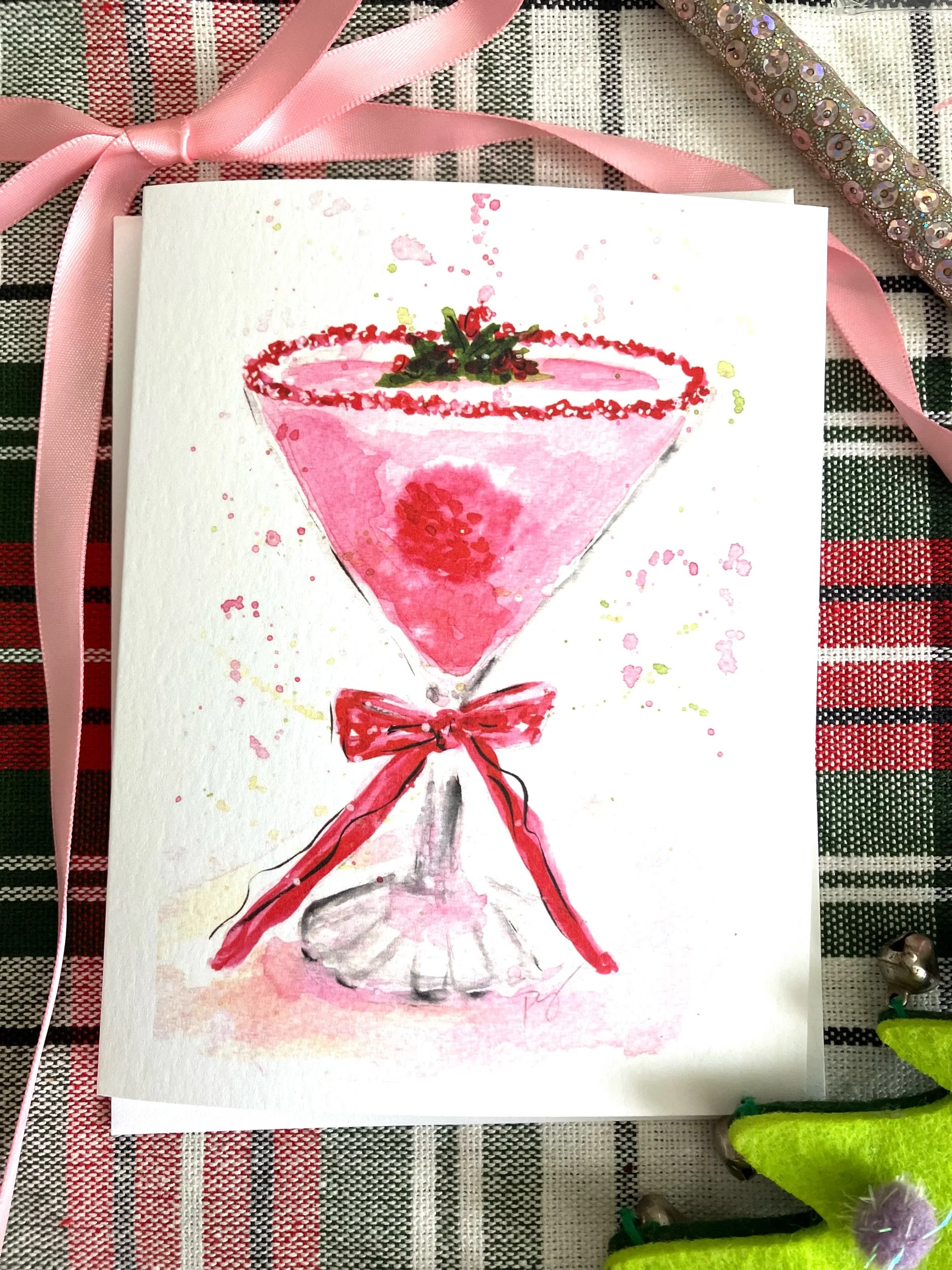 Folded Notecard Retro Holiday cocktal illustrations  watercolor, art by pixie Yates (Copy)