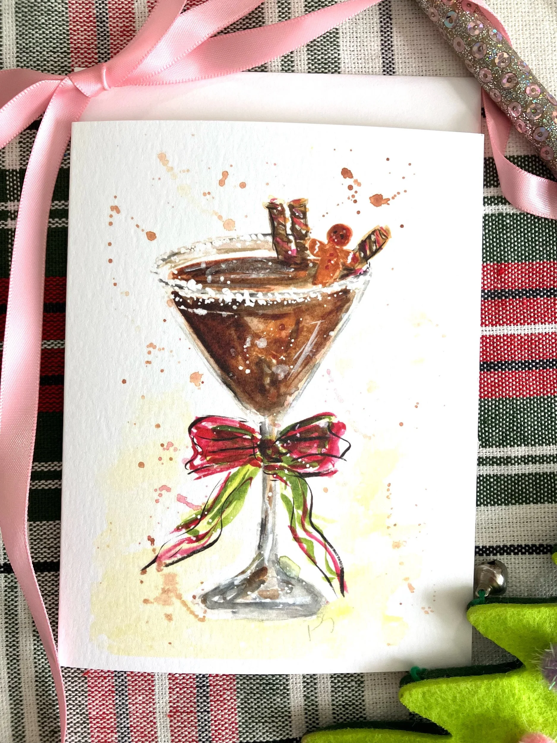 Folded Notecard Retro Holiday cocktal illustrations ,watercolor, art by pixie Yates (Copy) (Copy)