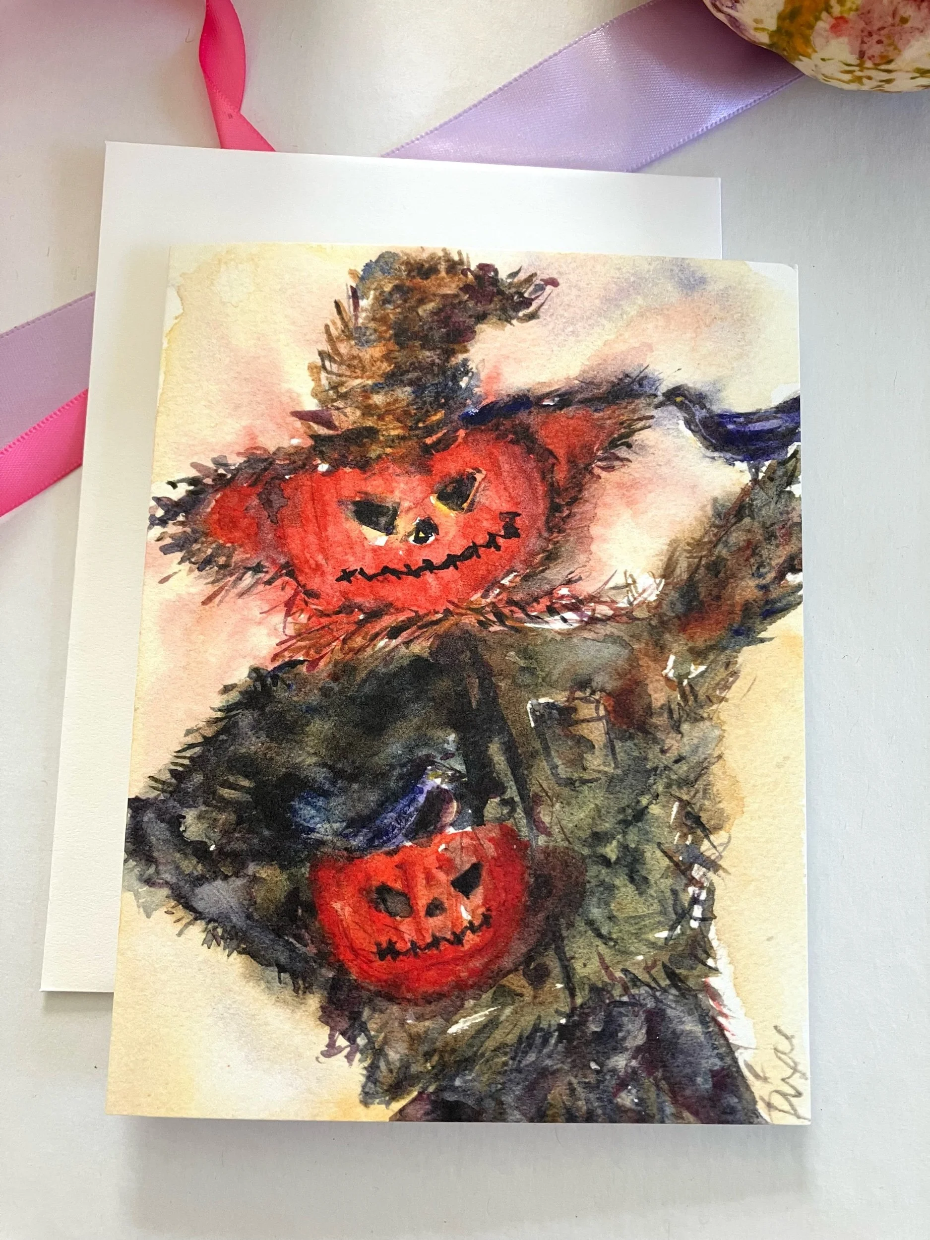 Pumpkin Scarecrow folded notecards  set of1 0 cards and envelopes, Hostess gift, Art by Pixie Yates,