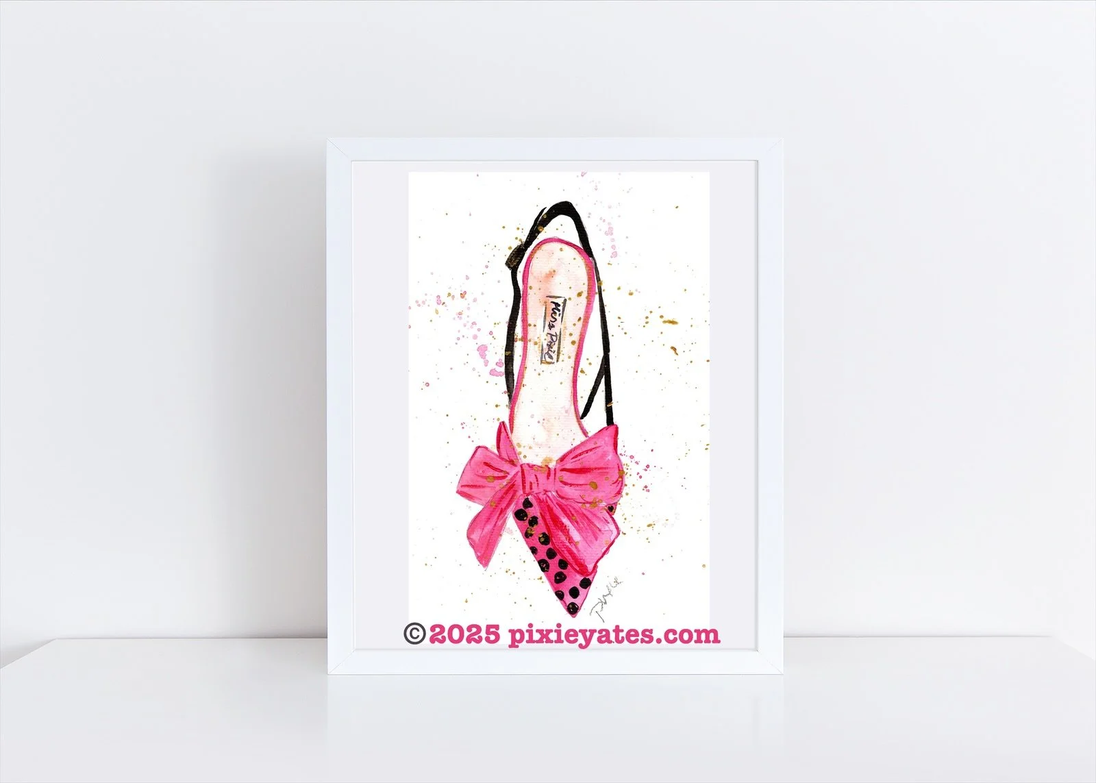 Think Pink Couture shoe watercolor art print by Pixie Yates