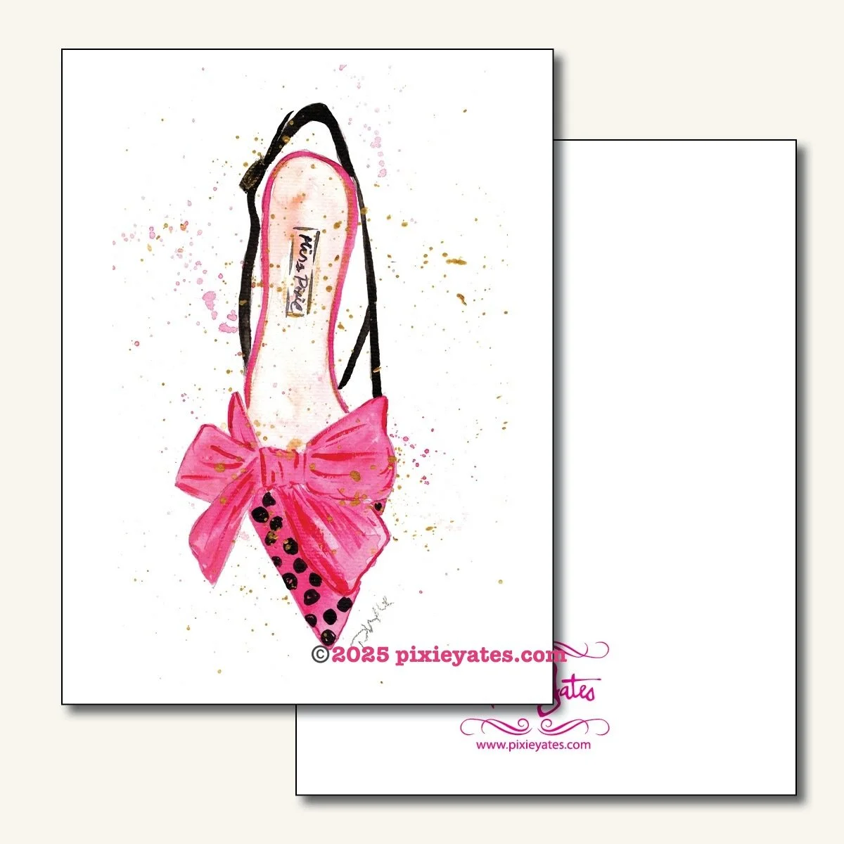 Think Pink Couture Holiday shoe Notecard illustration art by pixie Yates