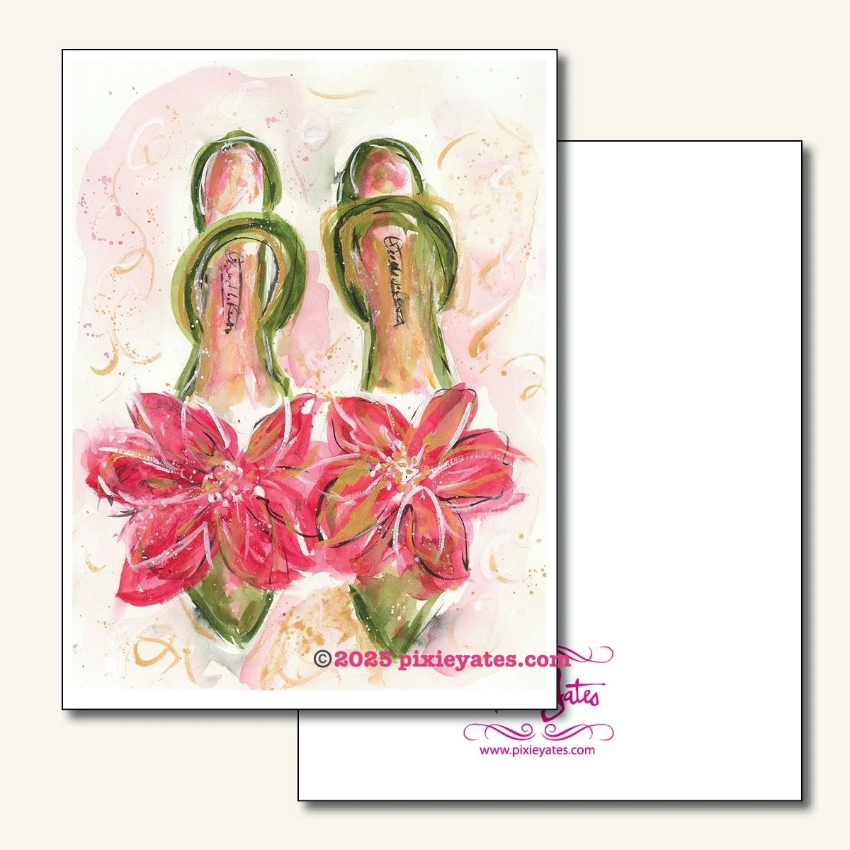 Pointsettia Green Velvet Couture Holiday shoe Notecard illustration art by pixie Yates