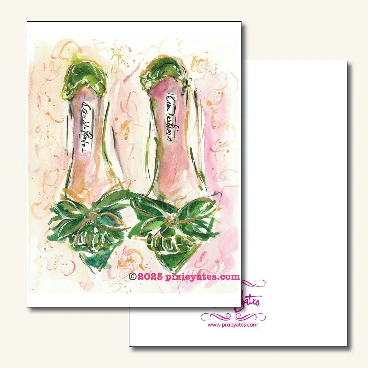 Green Velvet Couture Holiday shoe Notecard illustration art by pixie Yates