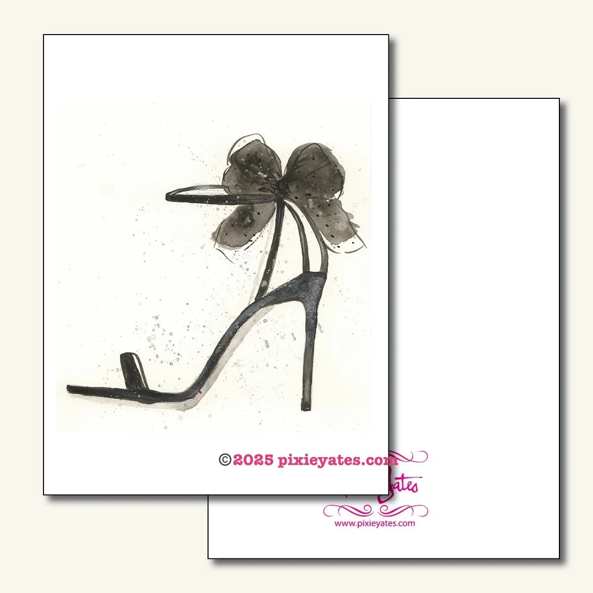 Black Bow High heels Couture Holiday shoe Notecard illustration art by pixie Yates