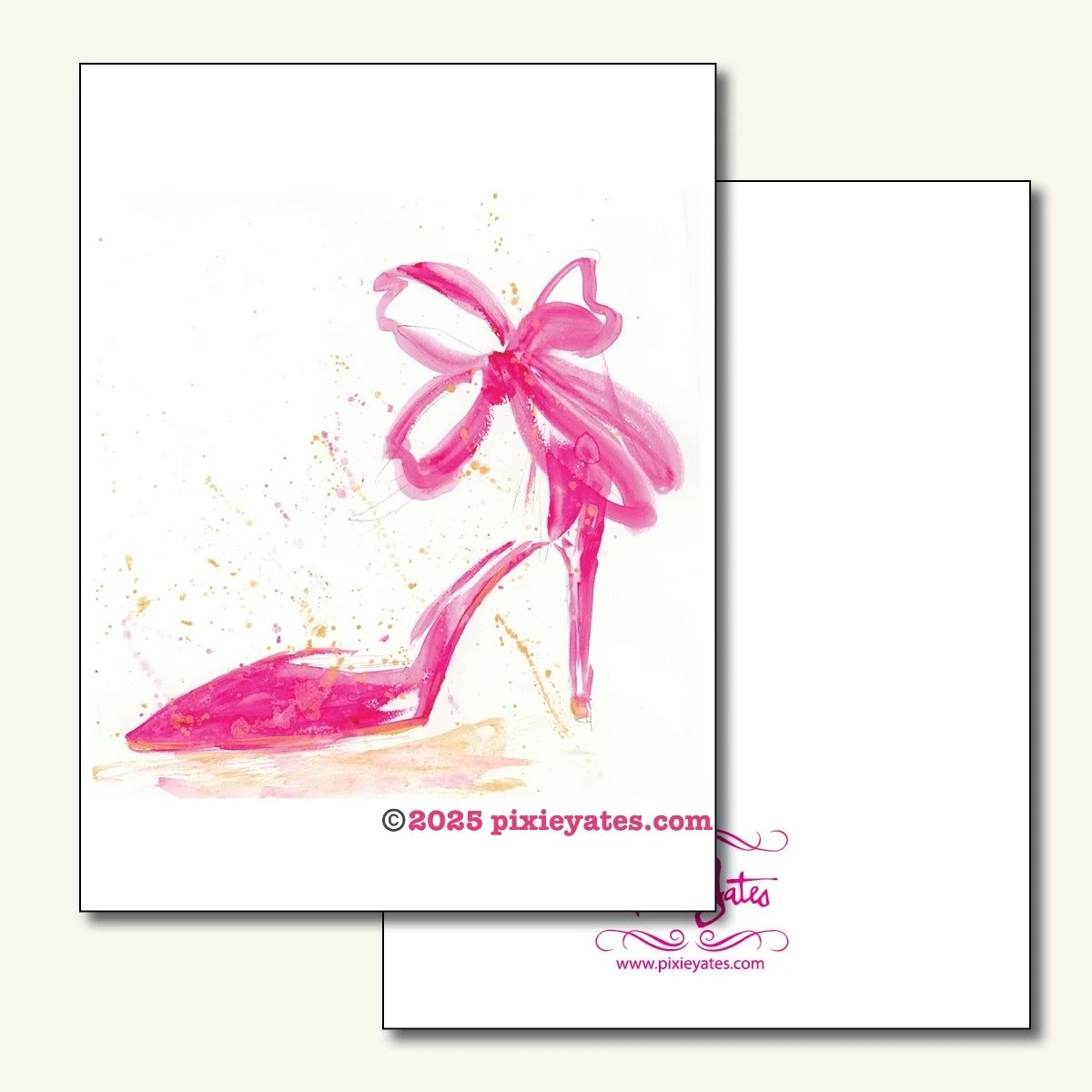 Think Pink Bow High heels Couture Holiday shoe Notecard, art by pixie Yates