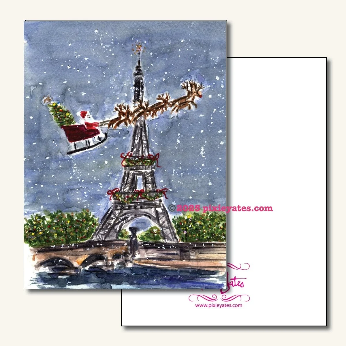 Santa Fiies to Paris for Christmas folded notecards illustrations  watercolor, art by pixie Yates