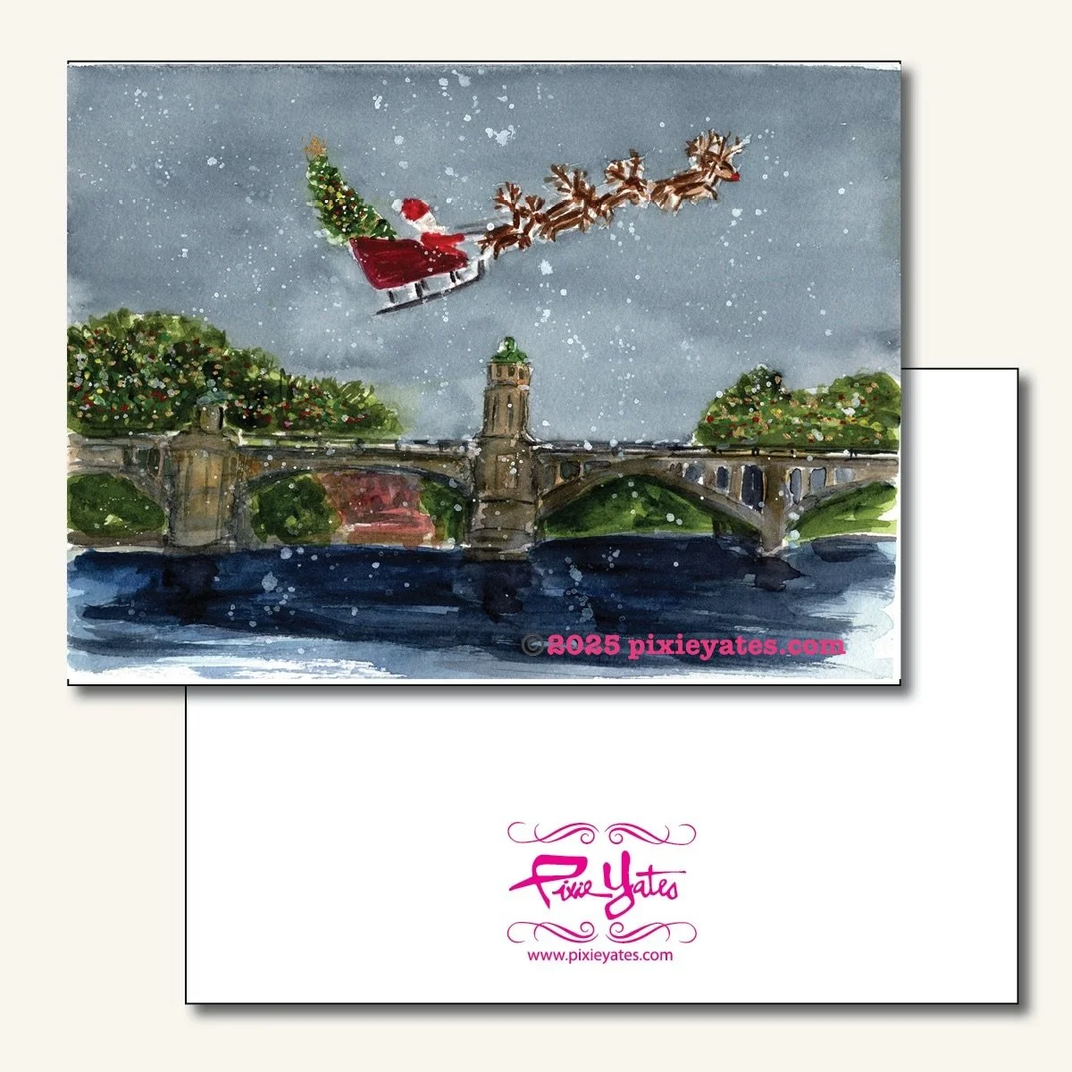 Santa Fiies to Haverhill, MA for the New England Christmas, folded notecards, illustrations  watercolor, art by Pixie Yates