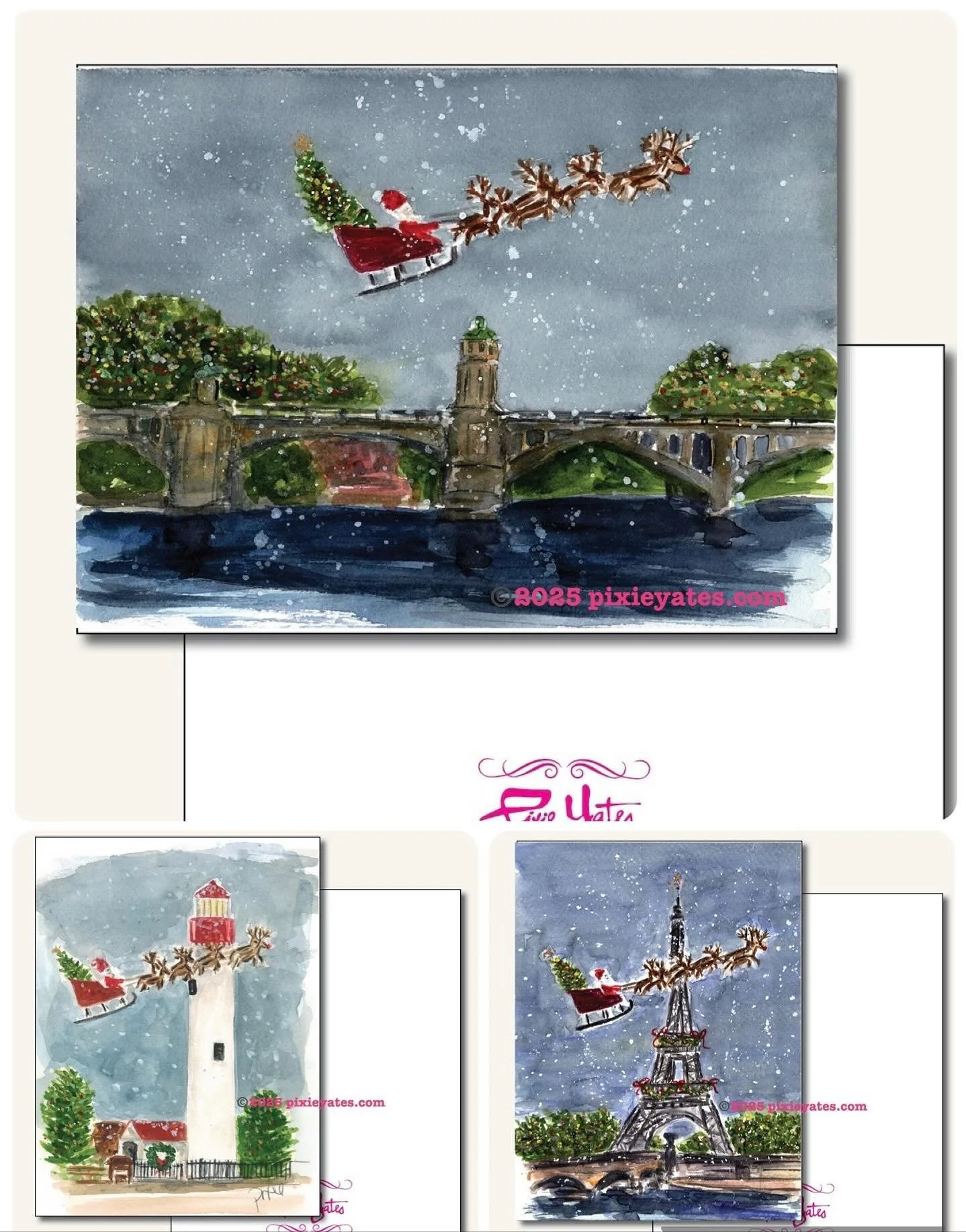 Santa&rsquo;s flying around the globe. Here he is in Paris, Historic Haverhill,MA, Cape May and stay tuned for a few more Santa  illustrations. Notecards are listed to purchase on website and Etsy shop. Customized notecards are available. Swipe to se