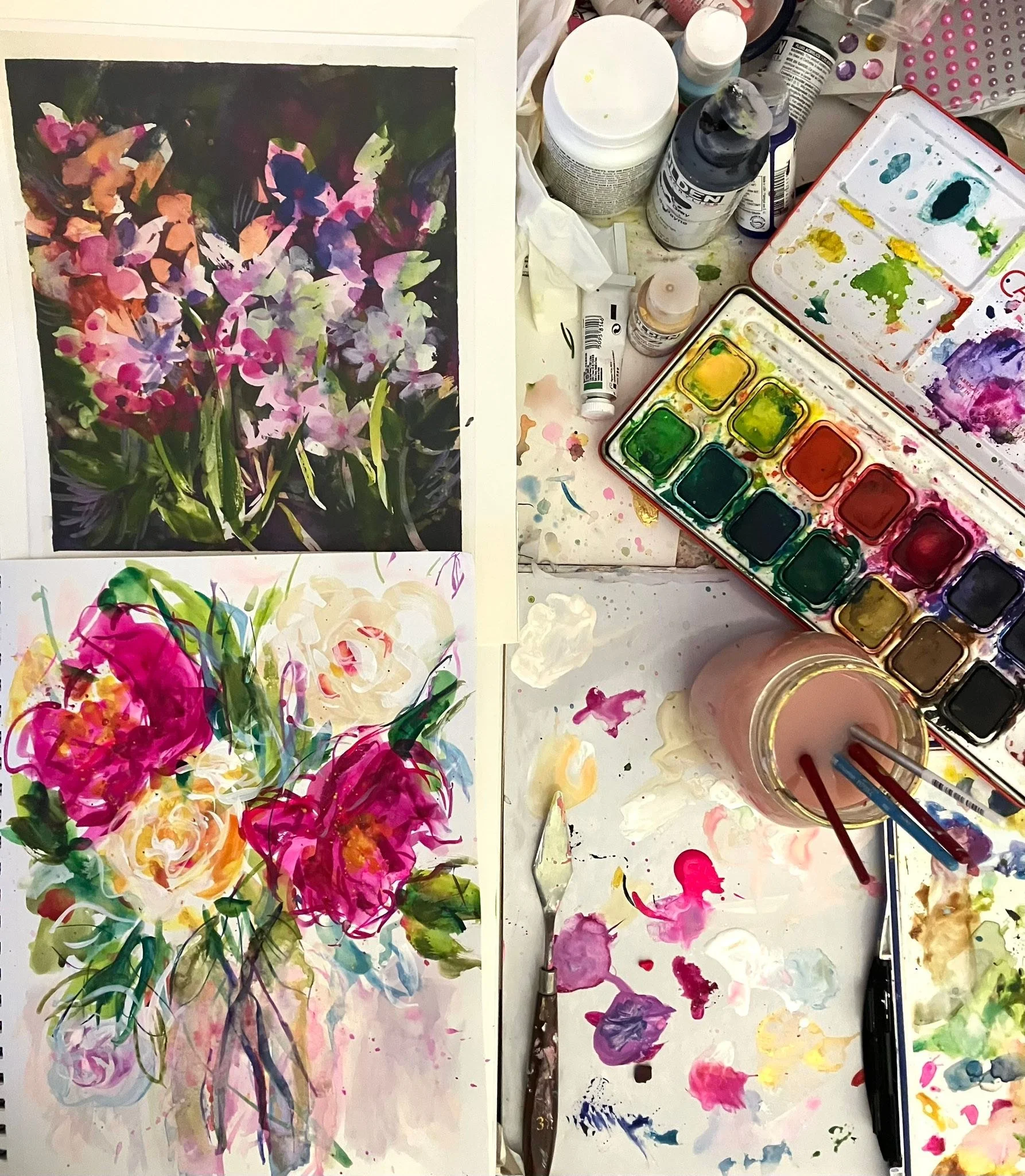 Working on new florals for an upcoming small group show opening in January in Haverhill MA.  Experimenting with my differnt styles to  how I can make larger 18x24&rdquo; which is  big for me. My art will travel to NYC in the spring,  showing small an