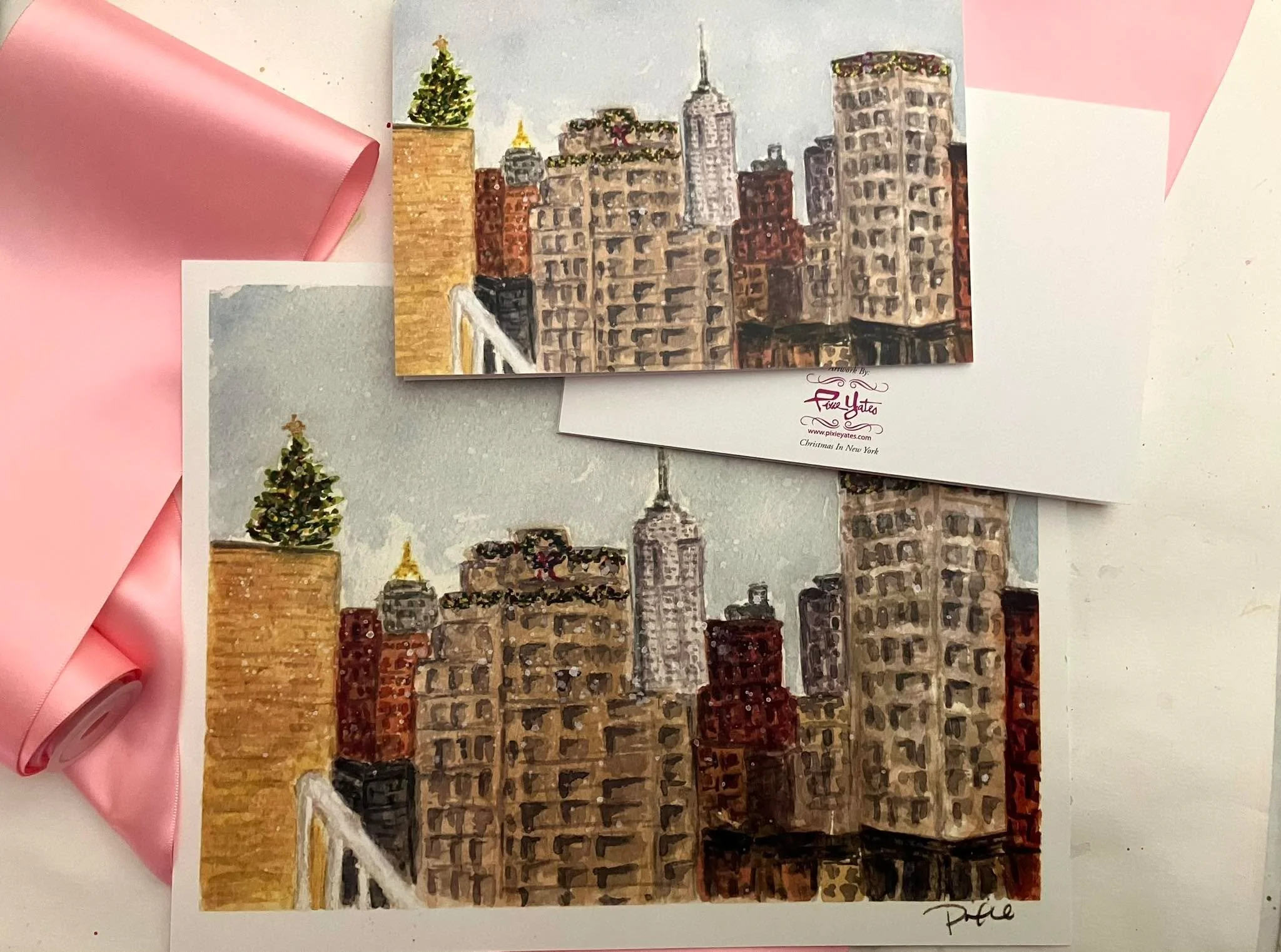Fun commission Christmas in NYC- client turned the watercolor into their holiday card. The view is from their NYC apartment. Printed by our local business Haverhill Print Caf&eacute; and shipped to nyc