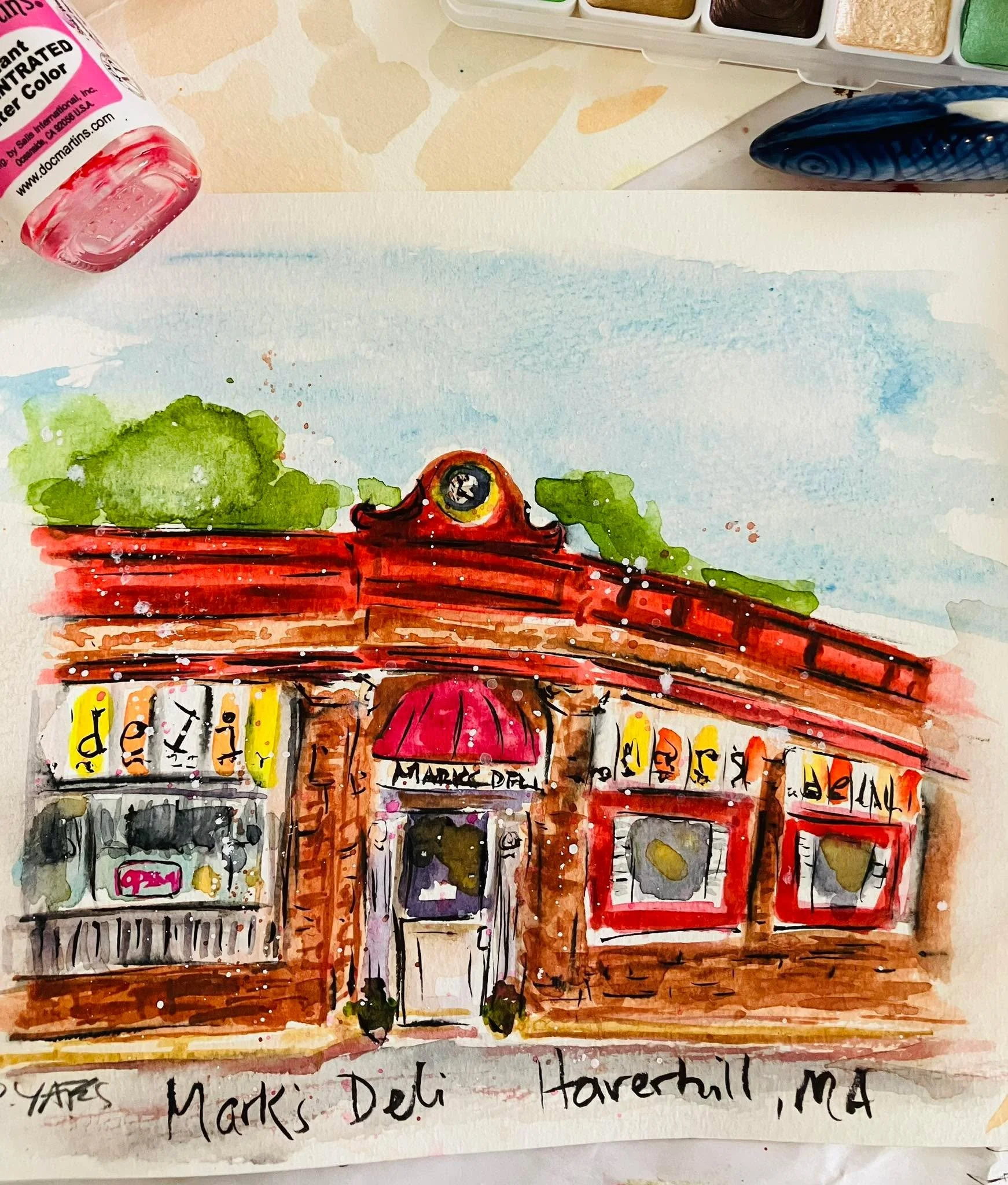 How would like attend a watercolor workshop in a vintage diner? Sign up for my first  watercolor workshop of 2026 at Mark's Deli in Haverhill, MA January 15th 7-8:30 pm byob. 40$ includes hands on teaching with Pixie , 2 take home painting projects, 