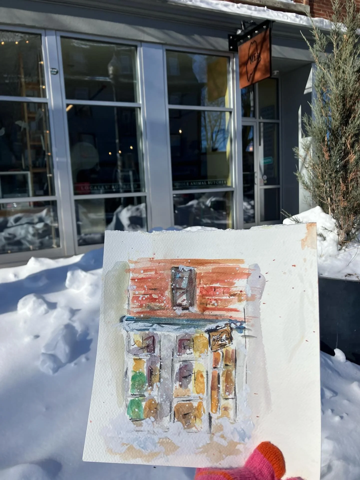 Snowy day in #kitterymaine. After my sewing class in Portsmouth we stopped at @lilskittery for quick snack and made my daily 3 minute watercolor then picked up our order from @mainemeat.