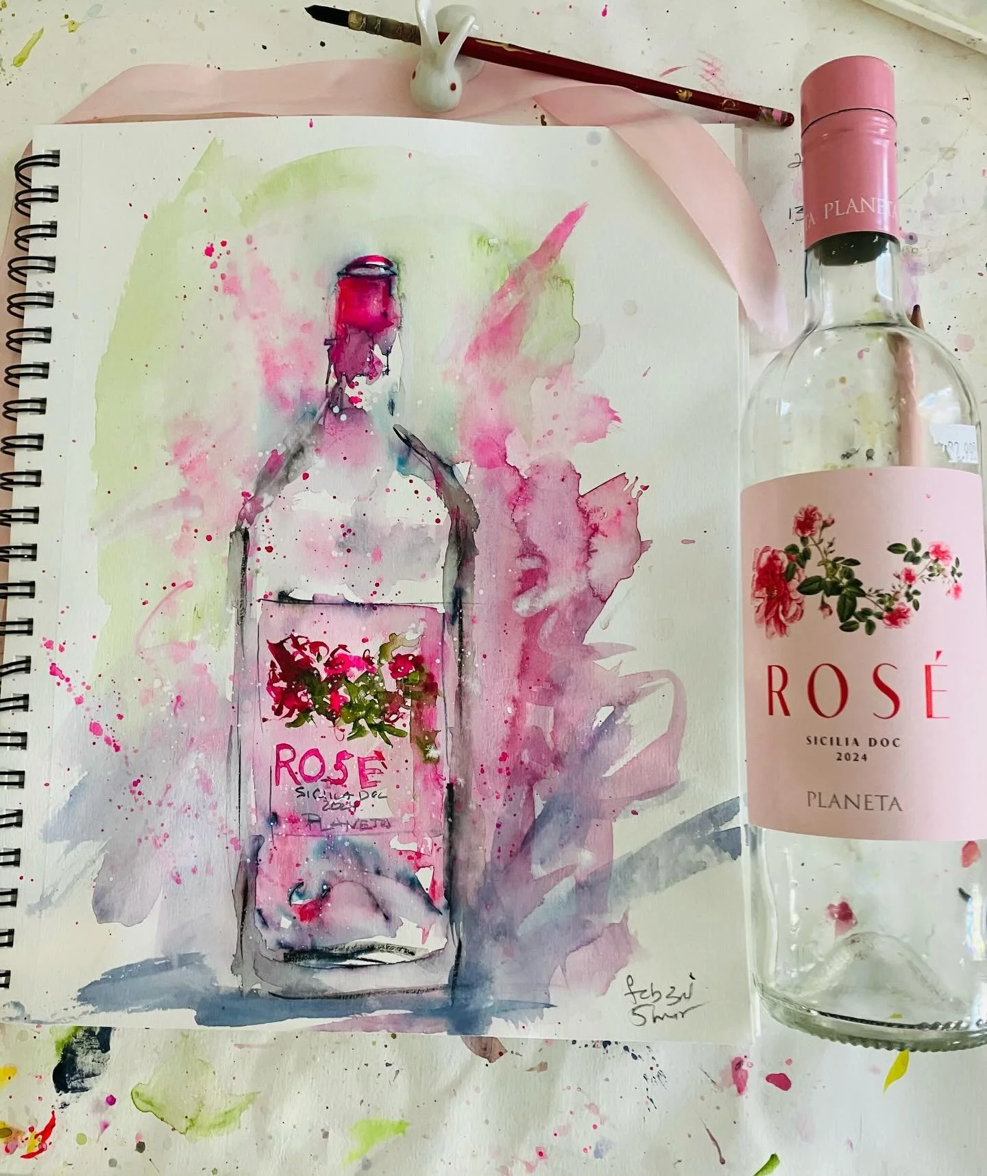 One of my 3 minute watercolors (actually this one is 4 min) of My new favorite Rose&rsquo;, recommendation from @mainemeat It&rsquo;s toooo good if you know what I mean. Happy February! @planetawinery