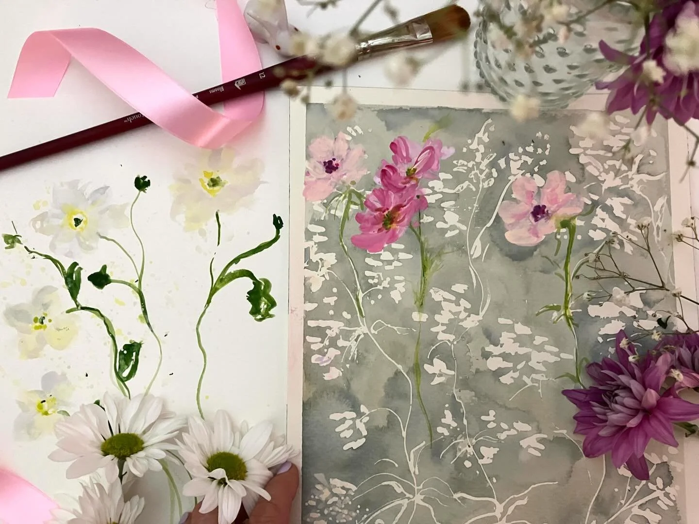 Snowy winter night. Winter whites and pink blooms