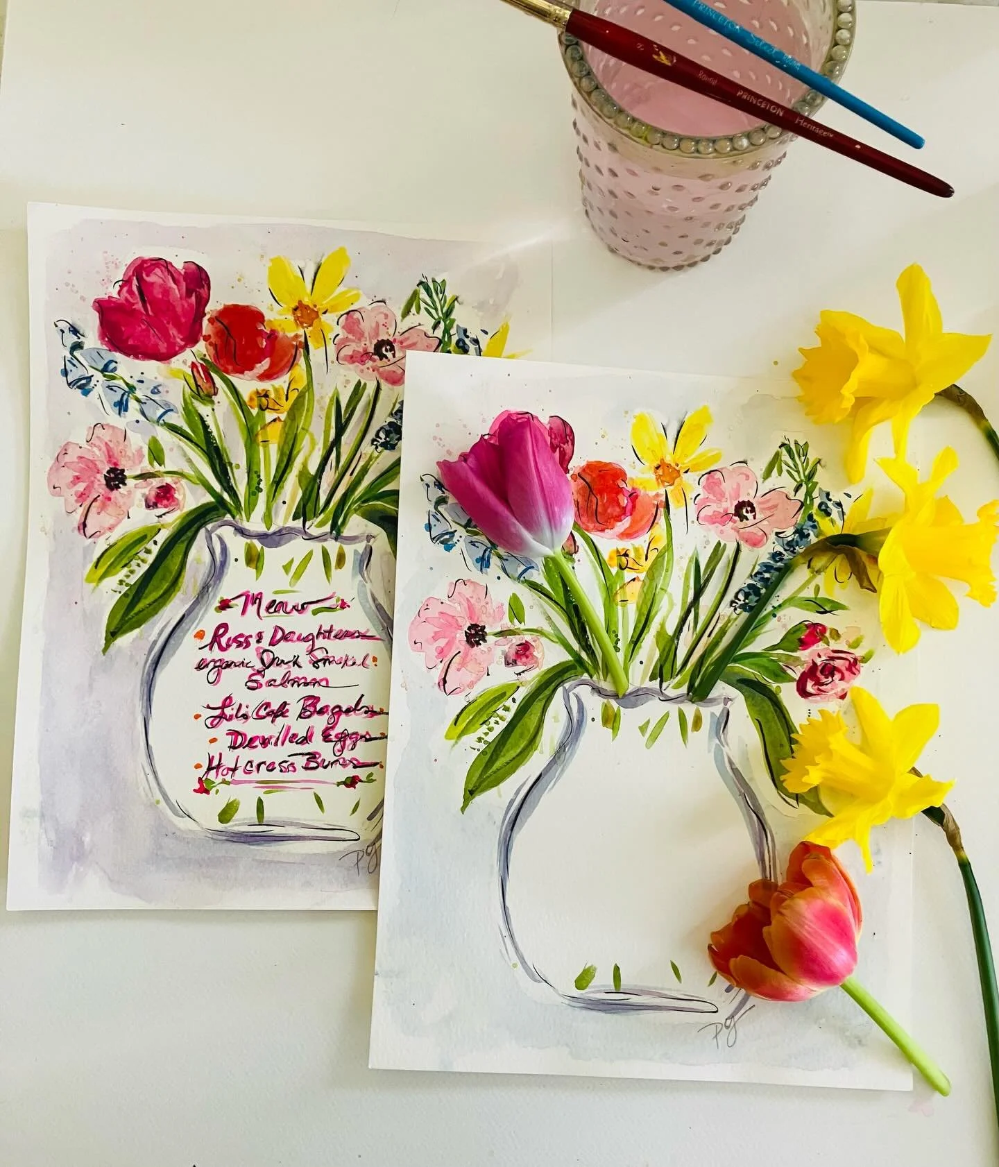 Easter menu ,spring notecards, pink cocktails.May 13 the cocktails and lilacs watercolor workshop. @wickedaxe.newengland  link in profile to register. I loved seeing @elsa_works_ menu inspiration so I made one too.  I definitely need to practice my c