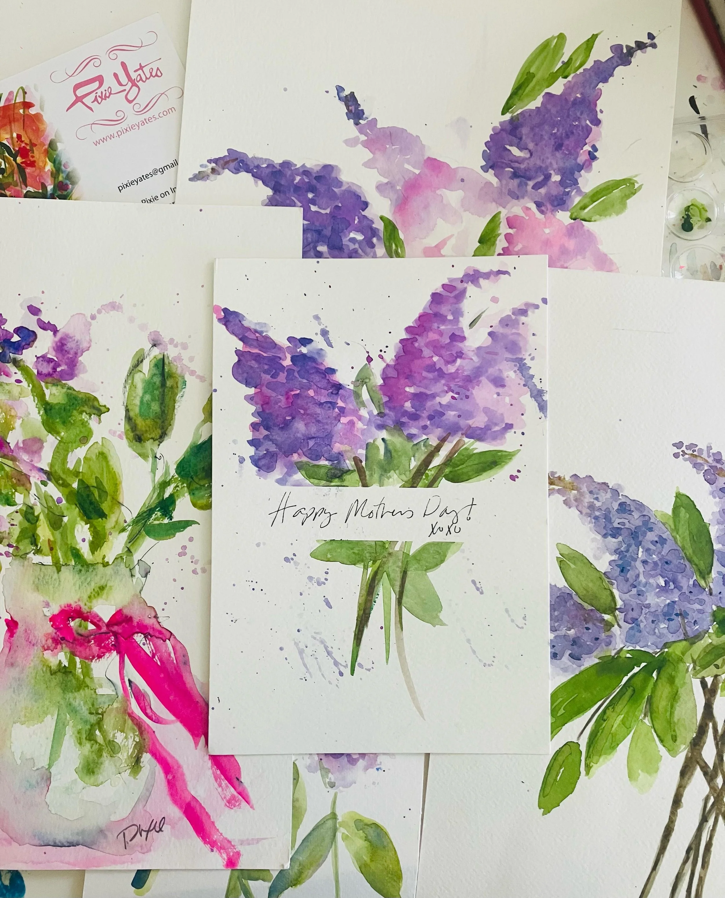 Lilacs and cocktails watercolor workshop. 
I&rsquo;m all prepped for this month&rsquo;s workshops. 4!! 1 down 3 to go. There is still room in the may 13th workshop at @wickedaxe.newengland  Link in profile to register.