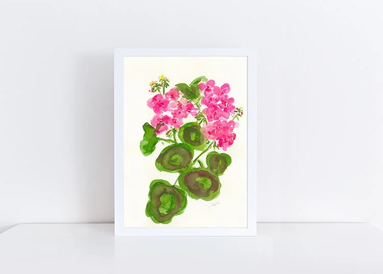 Red pink Geraniums watercolor art print