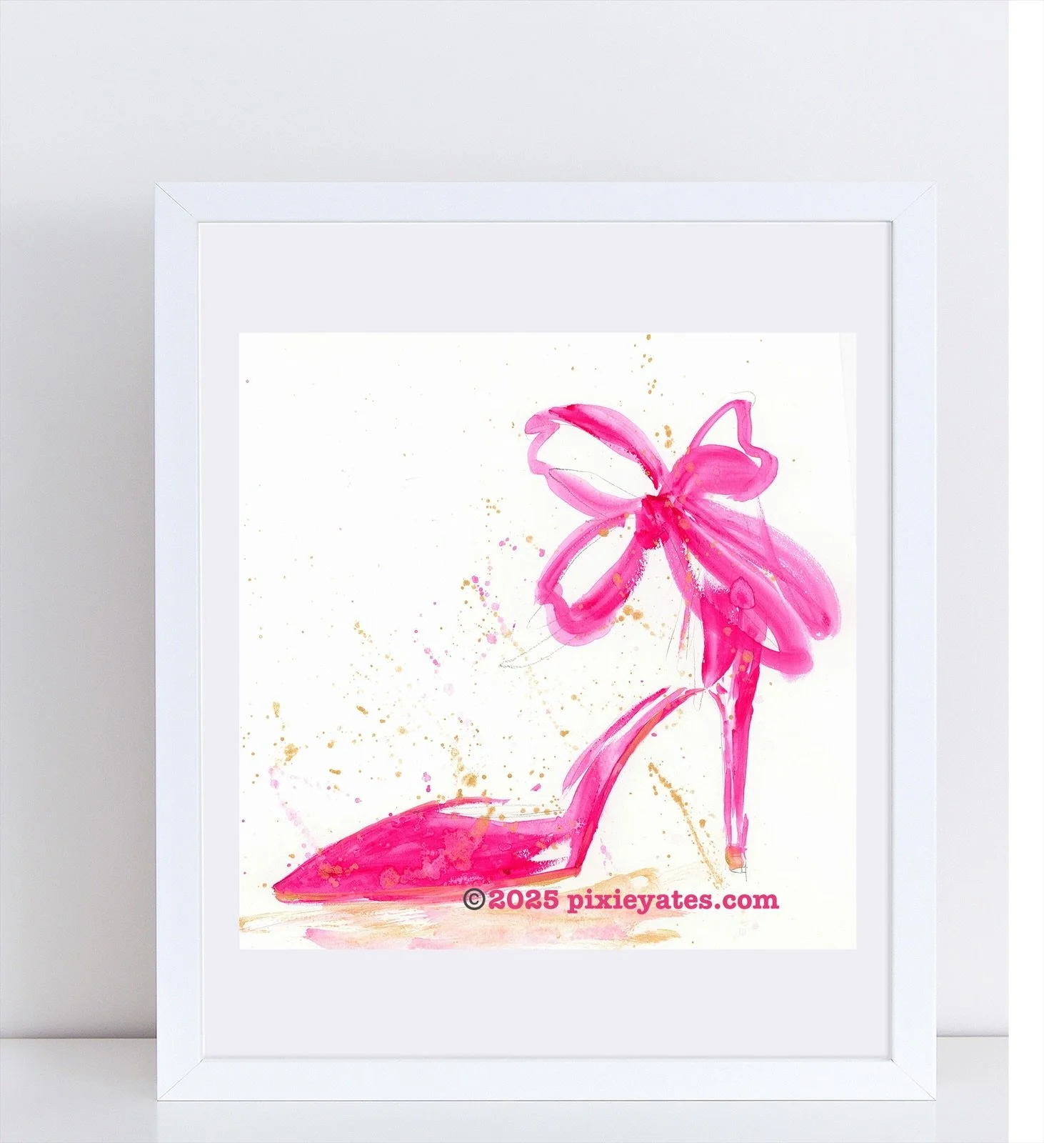 Pink Heels with Silk Bow Couture shoe watercolor art print by Pixie Yates