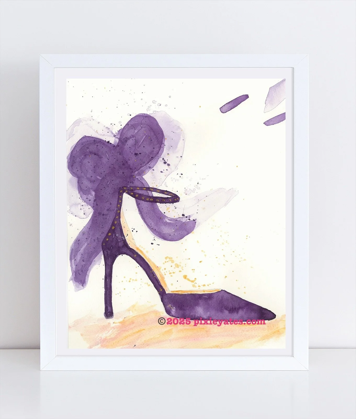 Purple Bow Couture shoe watercolor art print by Pixie Yates
