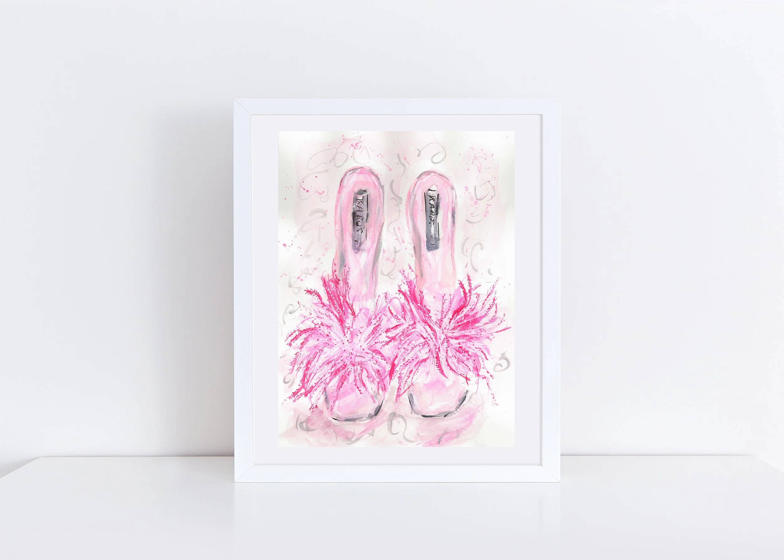 Pink Feather mules shoe couture fashion illustration art print