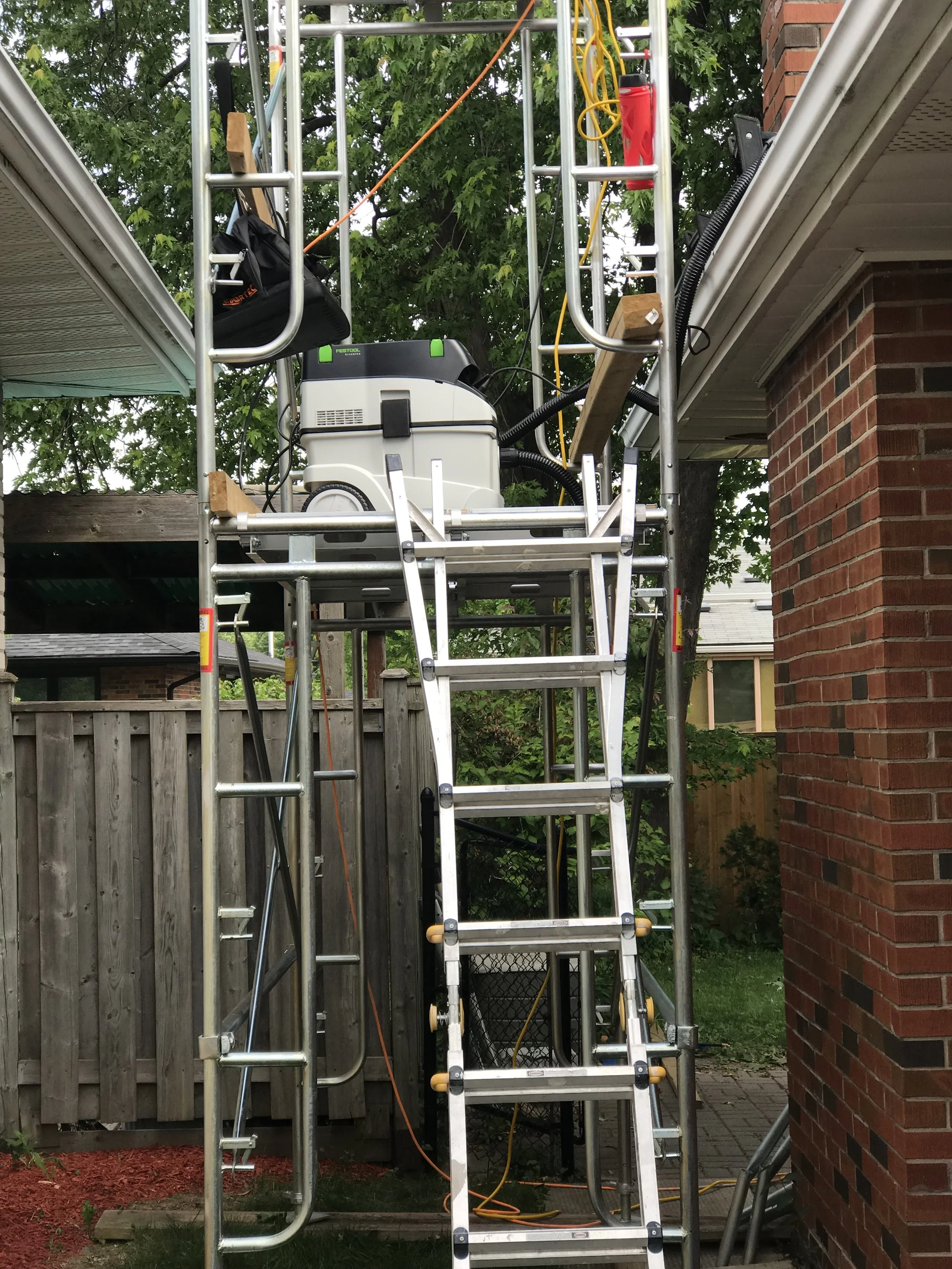 Scaffolding, Festool self cleaning vacuum.  Virtually eliminates any dust.  