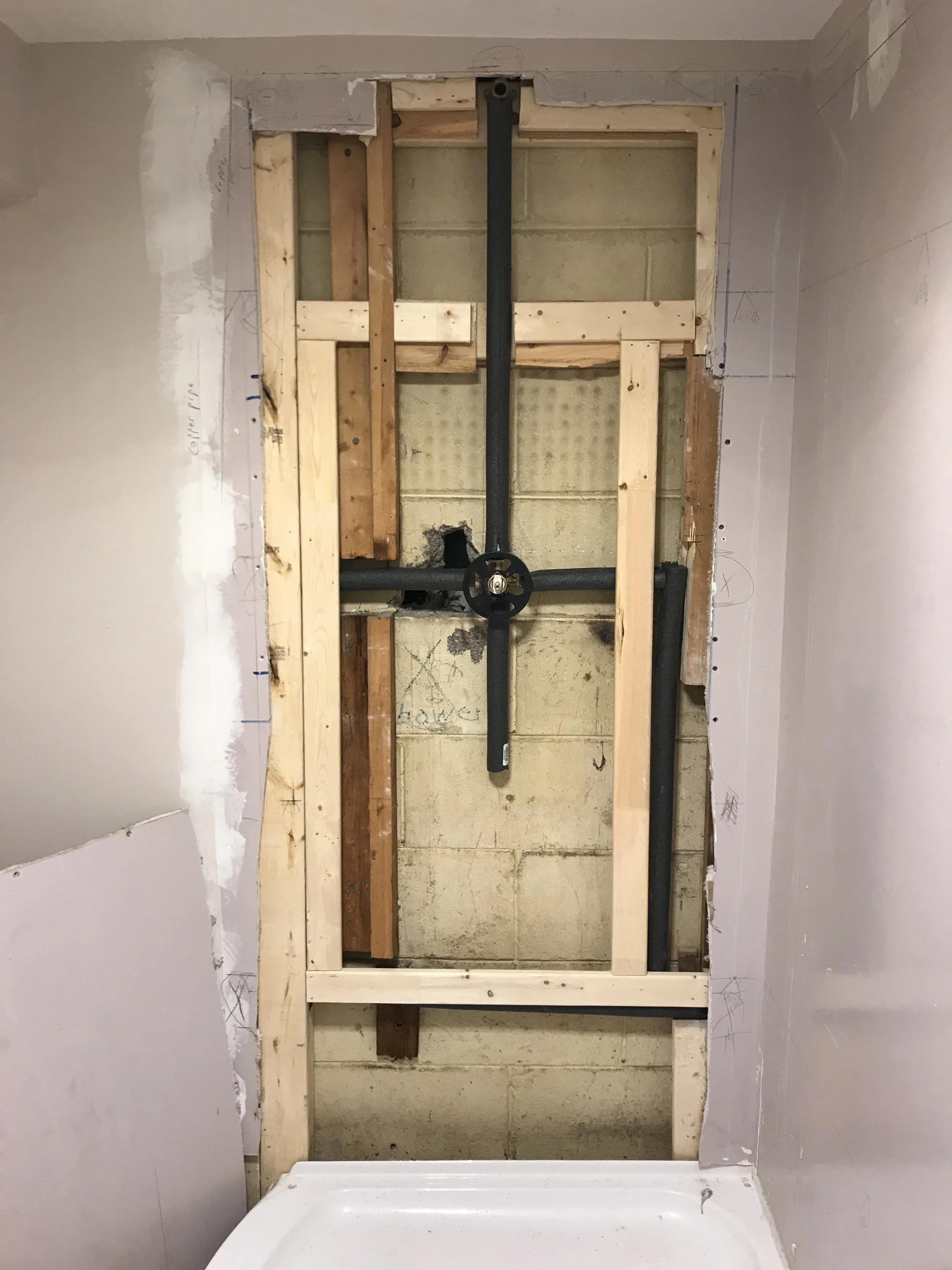 Replaced plumbing and framing for shower install