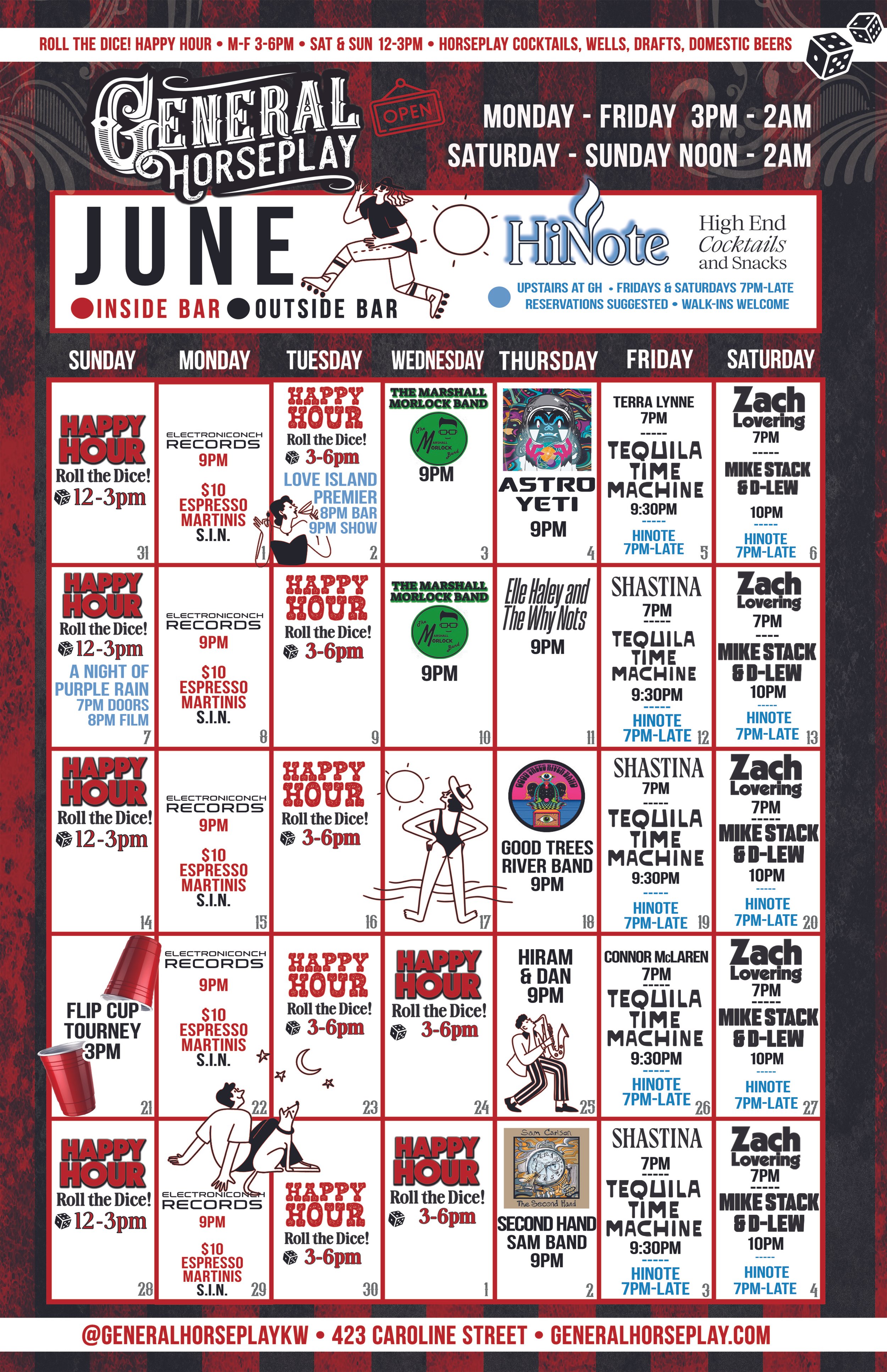 June 2026 calendar of events at General Horseplay and HiNote