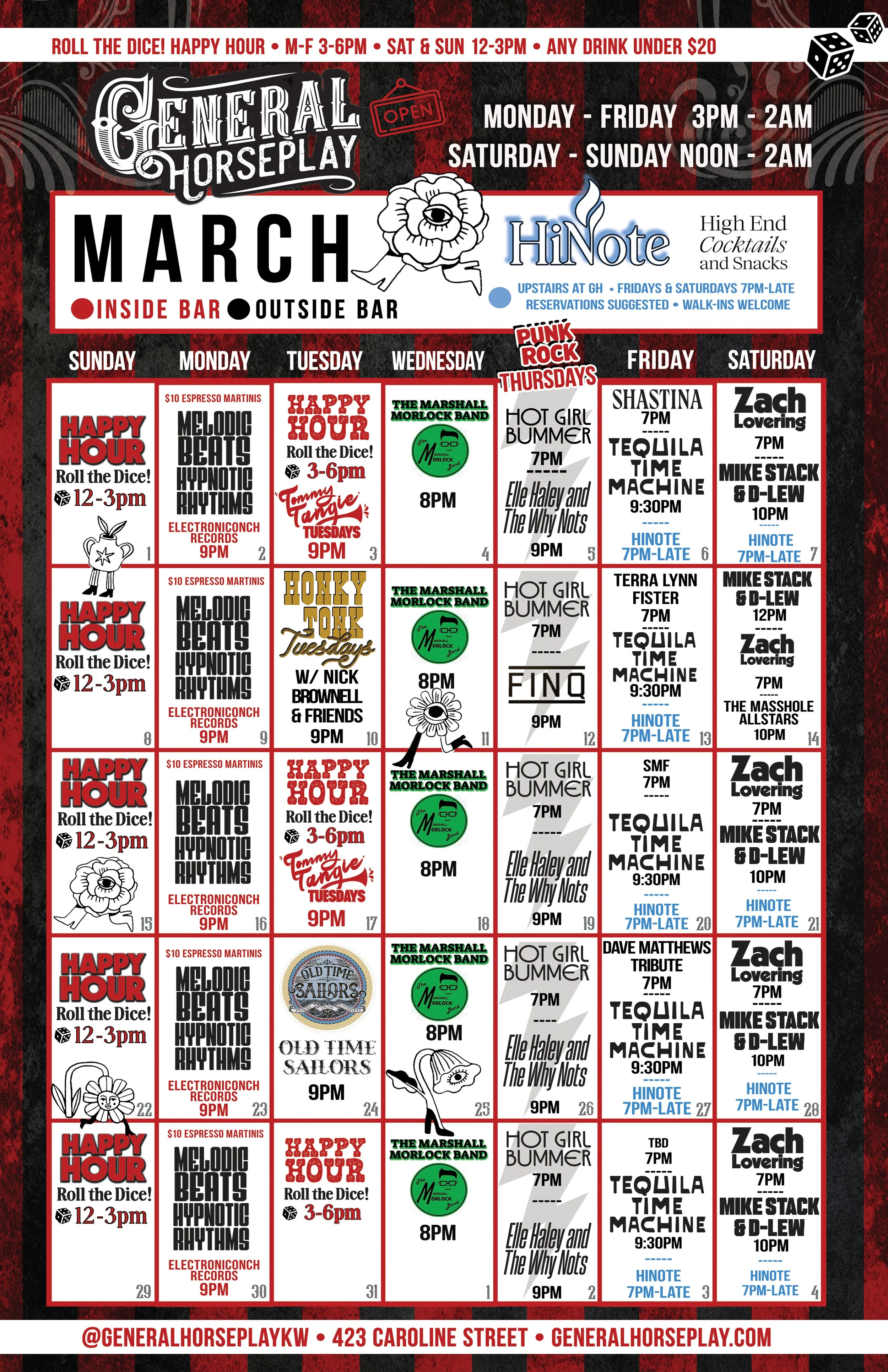 calendar of live music and events in march 2026 at general horseplay. happy hour daily monday through Friday 3-6 pm; Saturday and Sunday 12-3pm