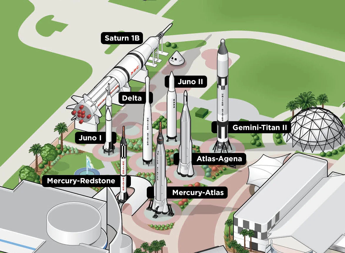 Ilustração e mapa do Jardim de Foguetes, preparados e cedidos pelo Kennedy Space Center Visitor Complex .