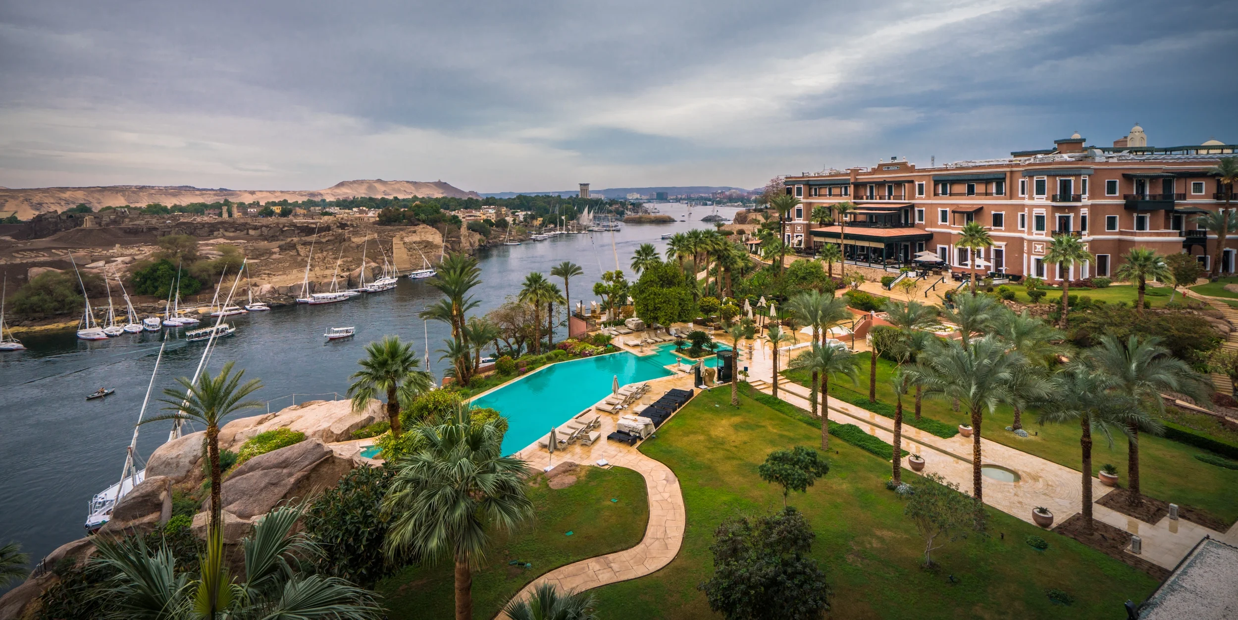 Outside the amazing and historic hotel known as the Old Cataract in Aswan overlooking the Nile River