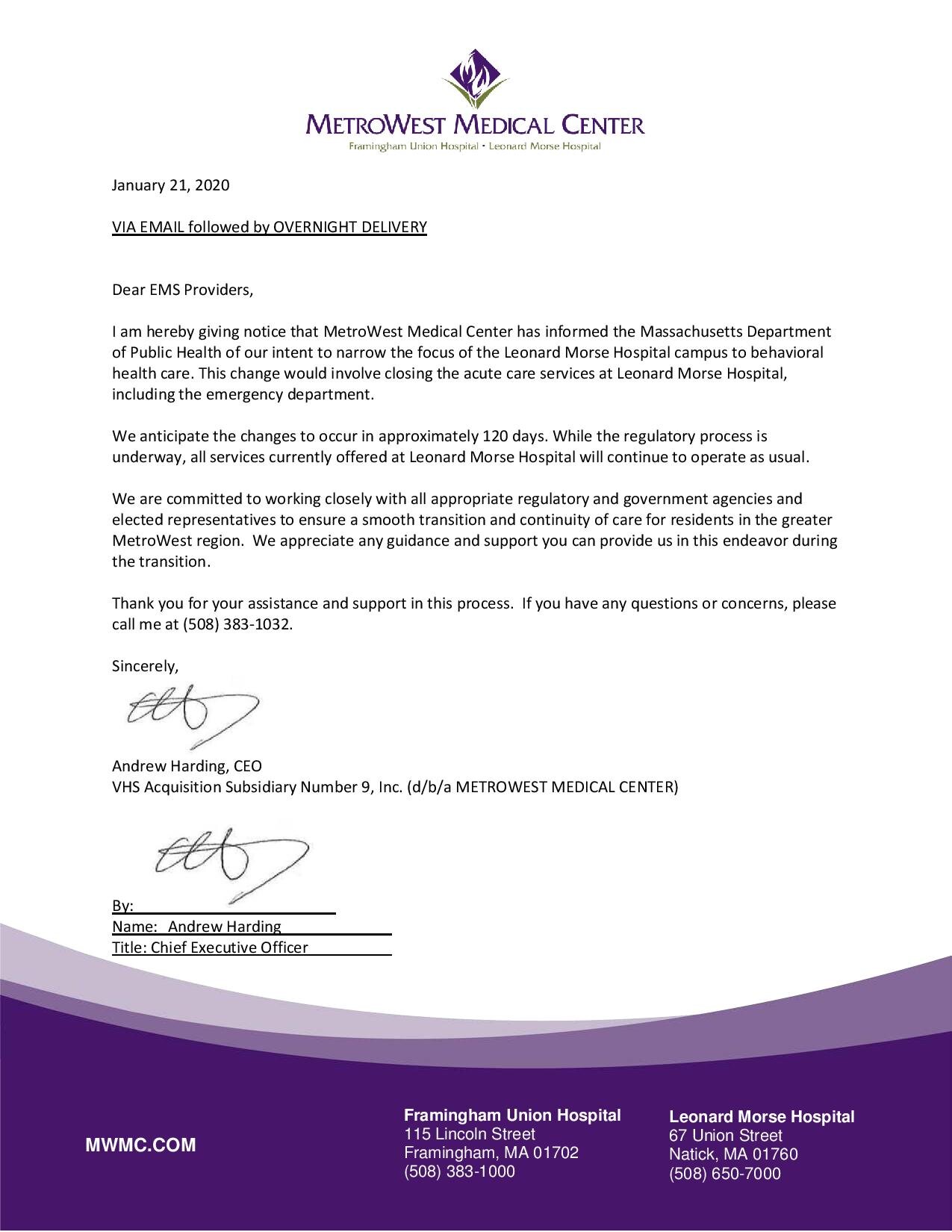 Pending Service Changes At Metrowest Medical Center Mbemsc