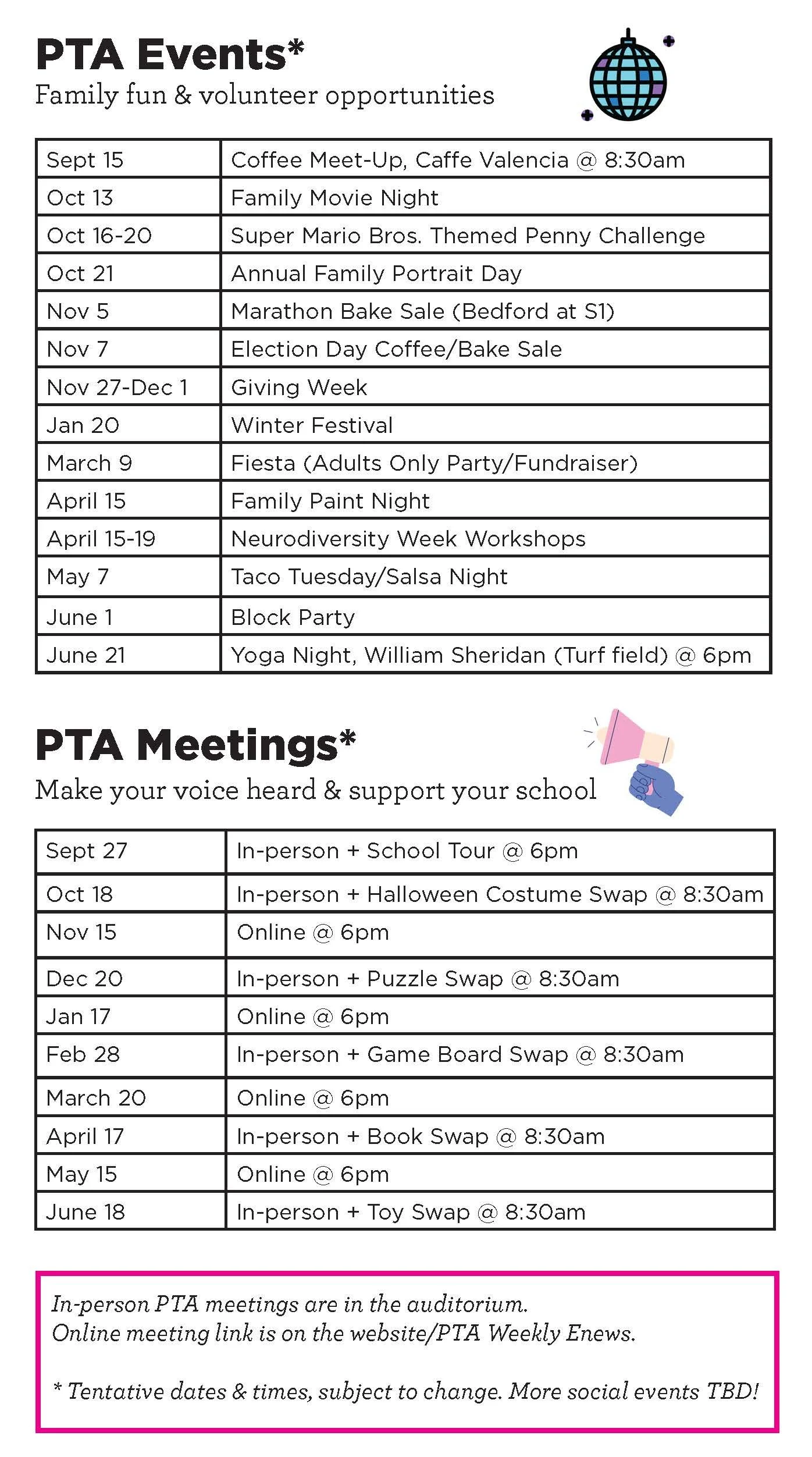 PTA Calendar of Events — PS 84 Jose de Diego
