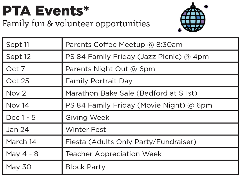 PTA Calendar of Events — PS 84 Jose de Diego