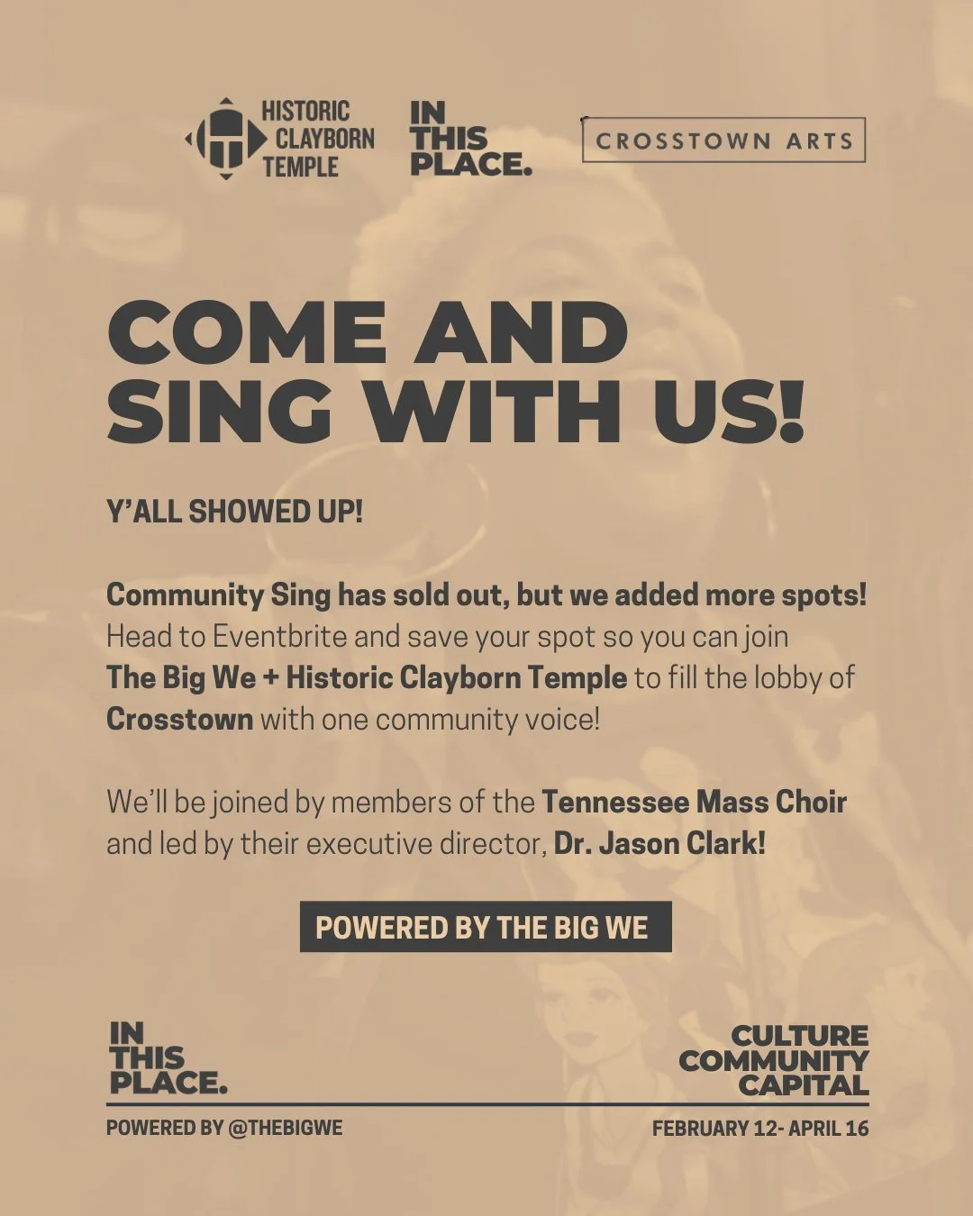 More spots are now open!🥳🎤 

Save yourself a spot for Community Sing- THIS SUNDAY at 2 pm at @crosstownarts (the Crosstown Lobby), with help from @tnmasschoir and leadership from their executive director, @itsjasonclark!

Link in the bio🔗